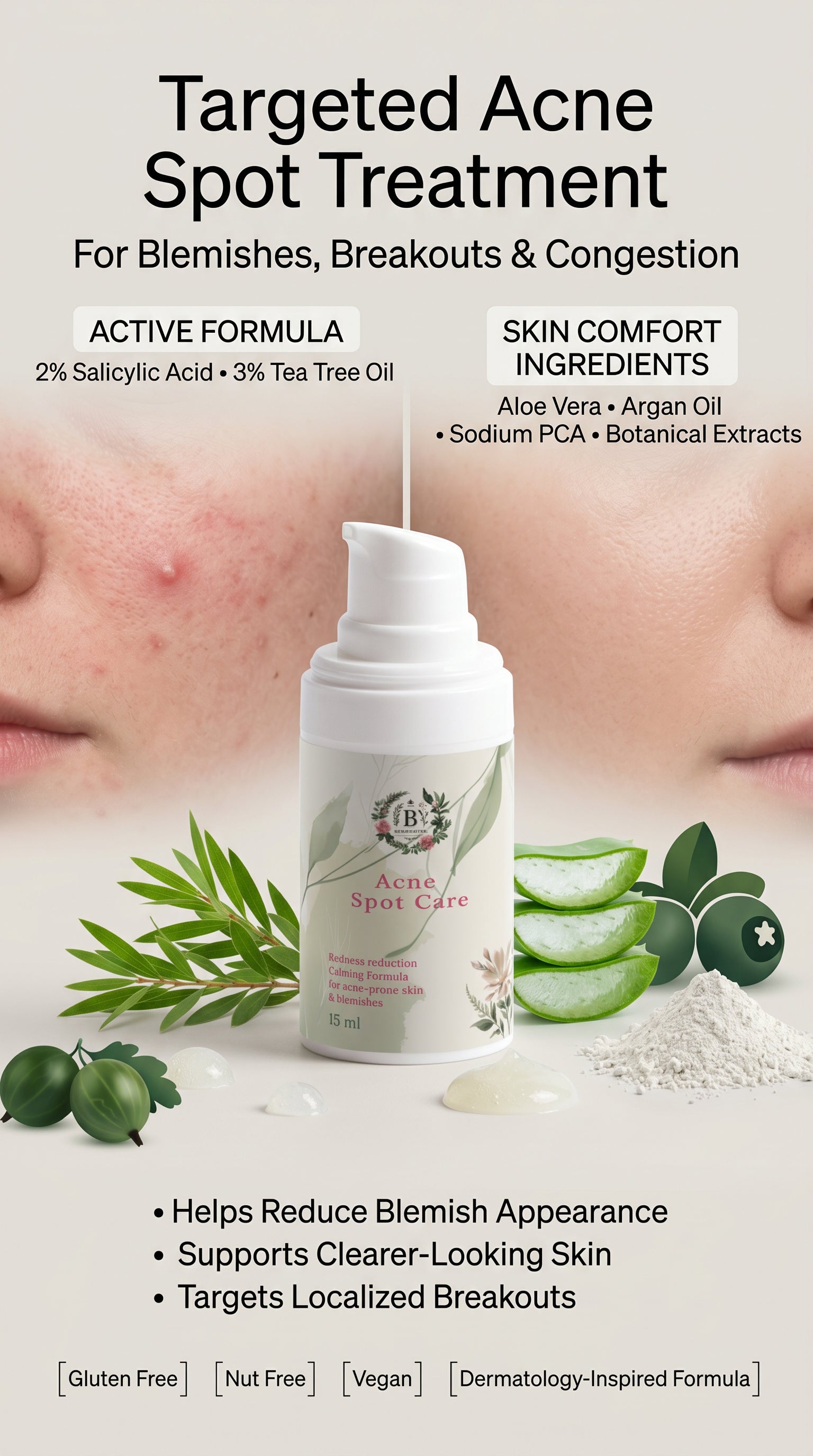 Acne spot treatment product with ingredients and benefits on a white background