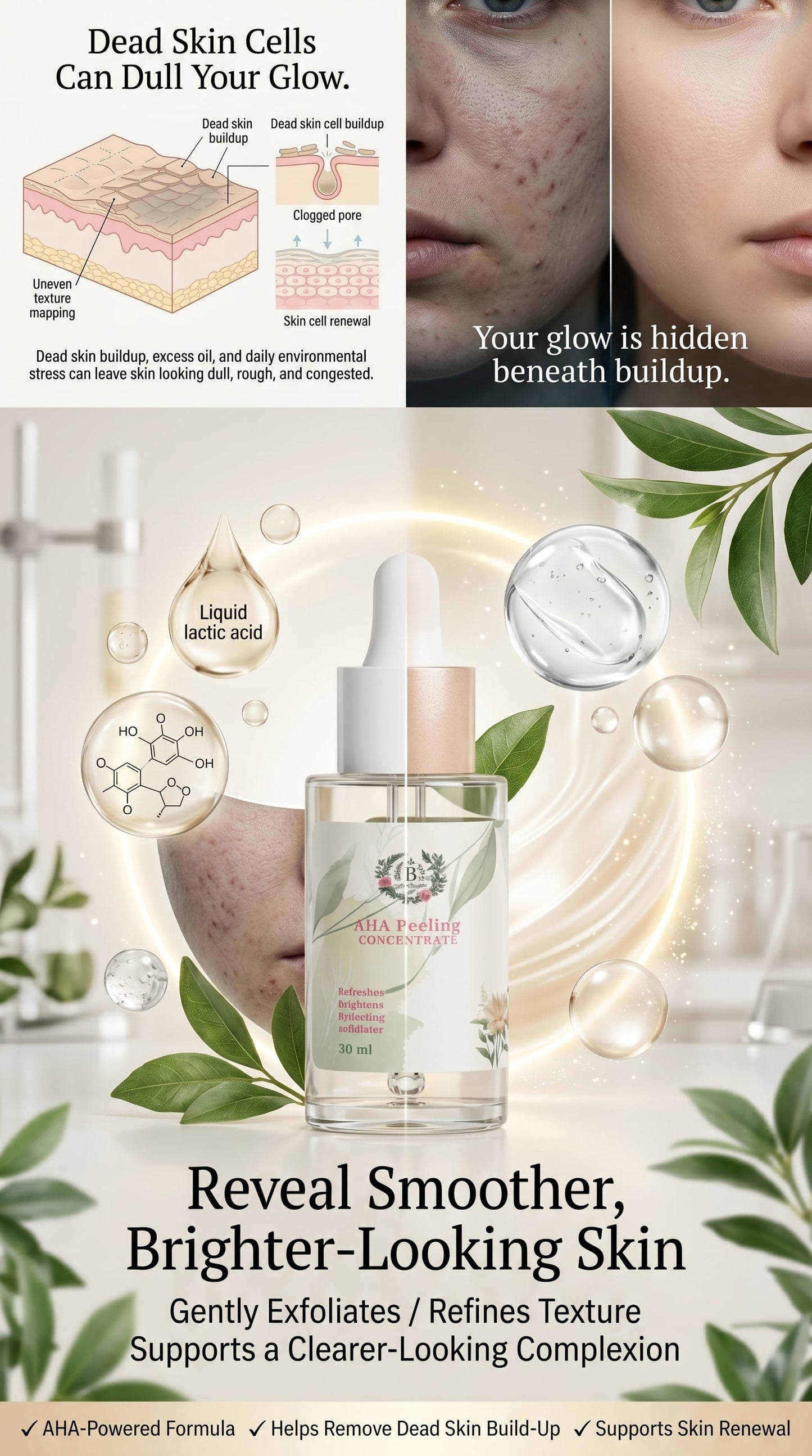 AHA peeling concentrate with lactic acid and hyaluronic acid for gentle chemical exfoliation and improved skin texture.