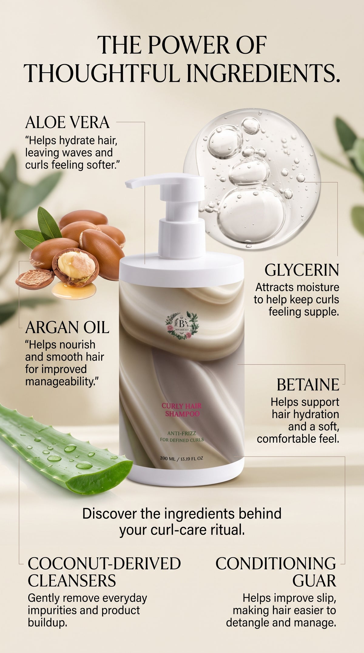 Natural waves and defined curls featured in a botanical curly haircare campaign by B’s Botanicals.