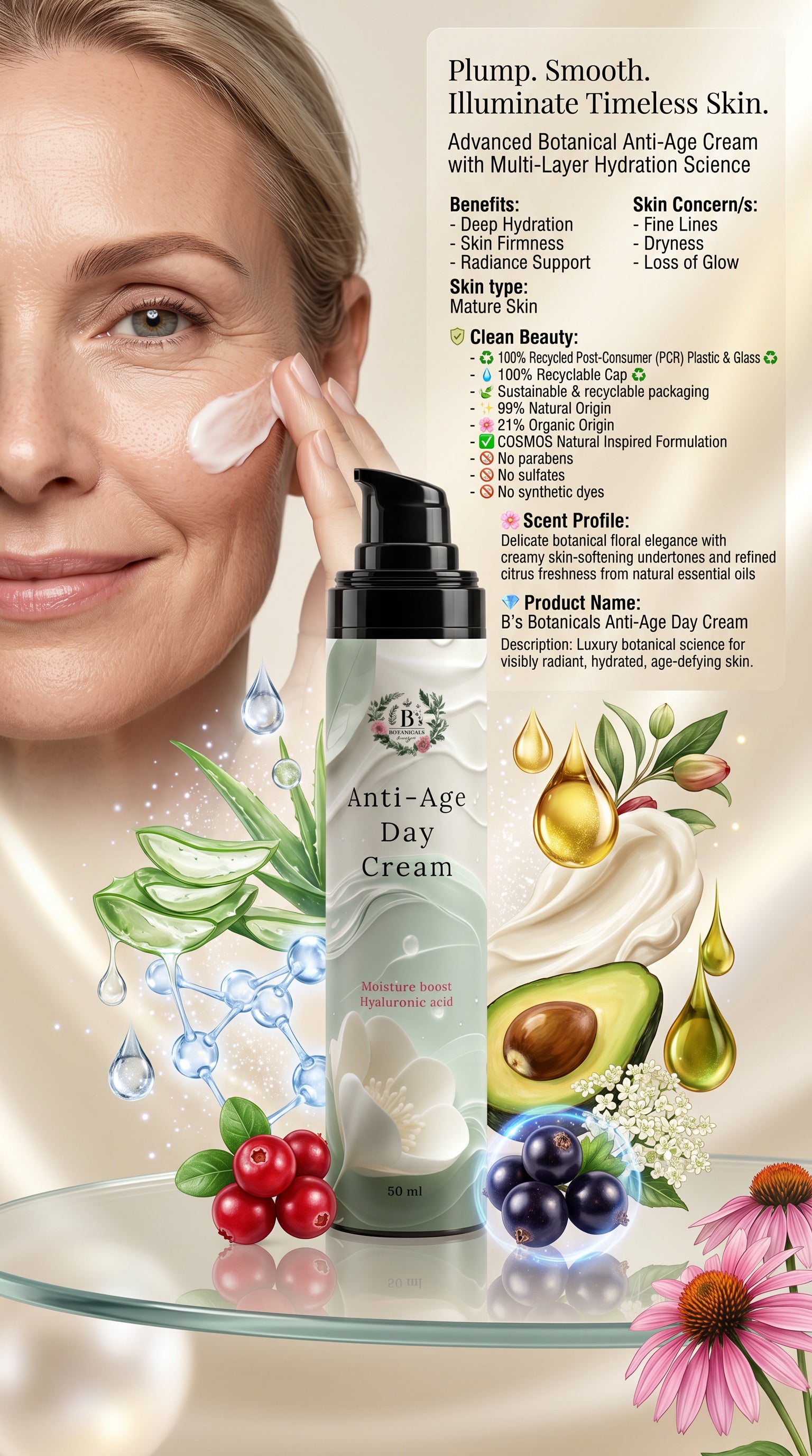 Anti-Age Day Cream with a woman applying cream, botanical elements, and product packaging.
