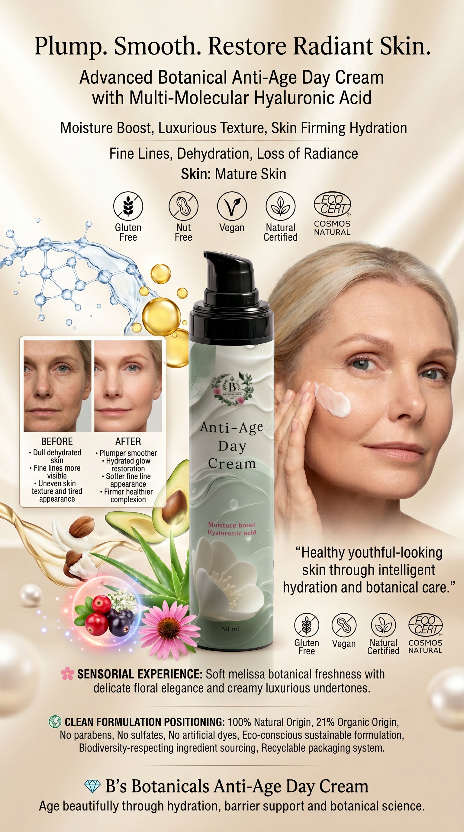 Anti-age day cream with Hyaluronic Acid and botanical ingredients in luxury skincare packaging, designed to deeply hydrate, smooth fine lines, firm skin, and promote a radiant youthful glow for daily skincare routines.