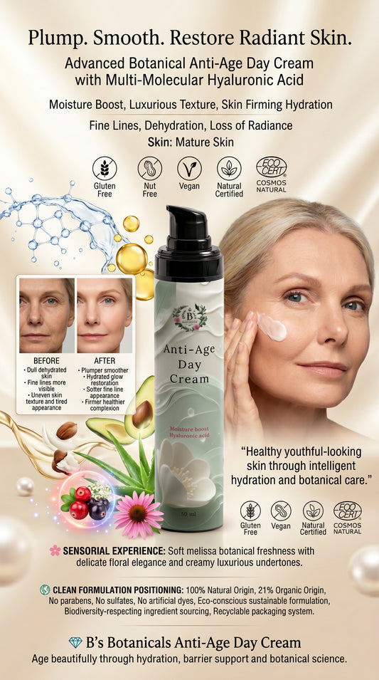Anti-age day cream with Hyaluronic Acid and botanical ingredients in luxury skincare packaging, designed to deeply hydrate, smooth fine lines, firm skin, and promote a radiant youthful glow for daily skincare routines.