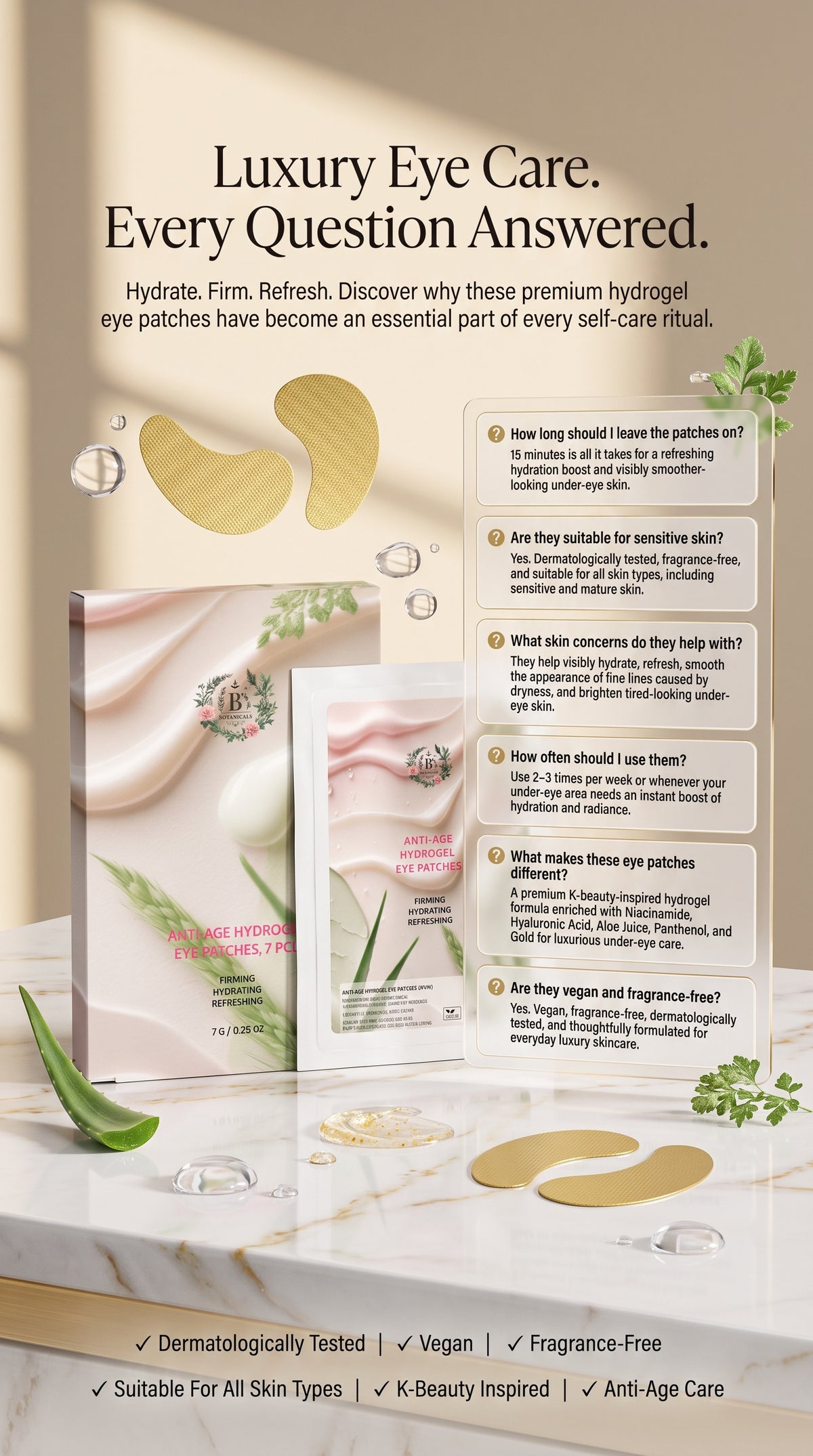 Frequently asked questions about Anti-Age Hydrogel Eye Patches covering how to use them, benefits, ingredients, skin types, and under-eye hydration for smoother, refreshed-looking skin.