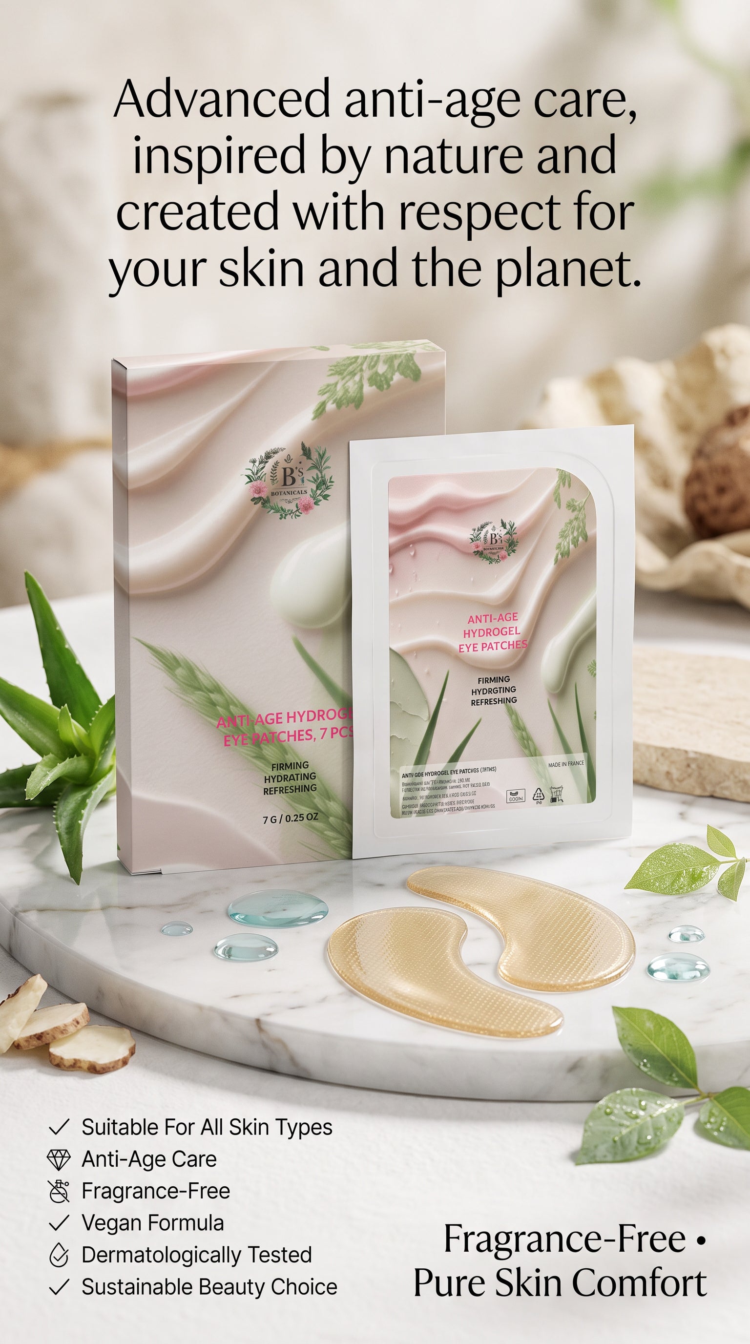 Luxury anti-age hydrogel eye patches with hyaluronic acid, niacinamide, aloe vera and panthenol for hydrated, firmer-looking under-eye skin. Vegan, fragrance-free skincare suitable for all skin types.