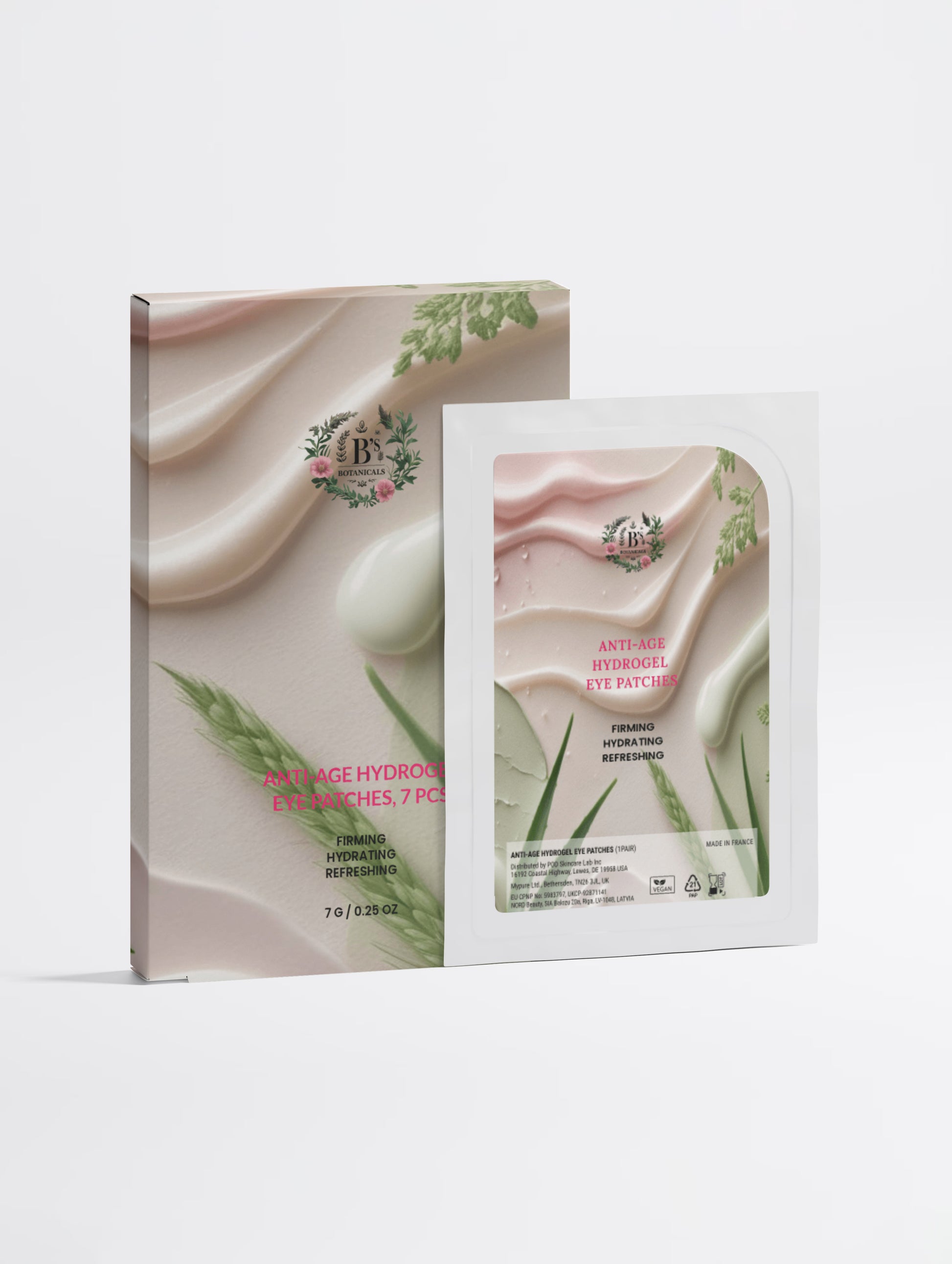 Luxury anti-age hydrogel eye patches enriched with niacinamide, hyaluronic acid, aloe juice, and panthenol to hydrate, firm, and refresh tired under-eye skin.
