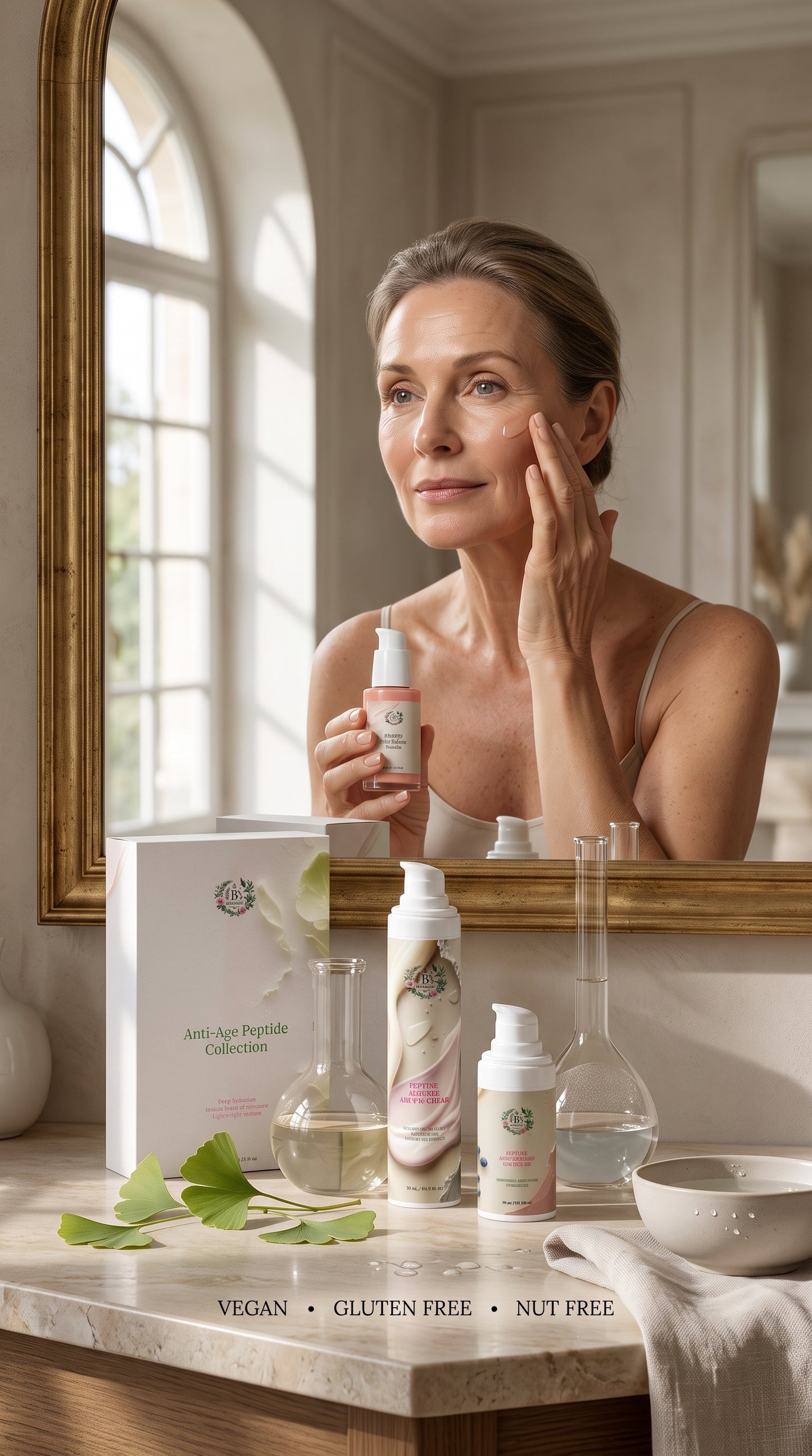 Anti-aging peptide skincare set featuring peptide serum, eye cream and moisturiser for mature skin, fine lines, dehydration and long-lasting hydration.