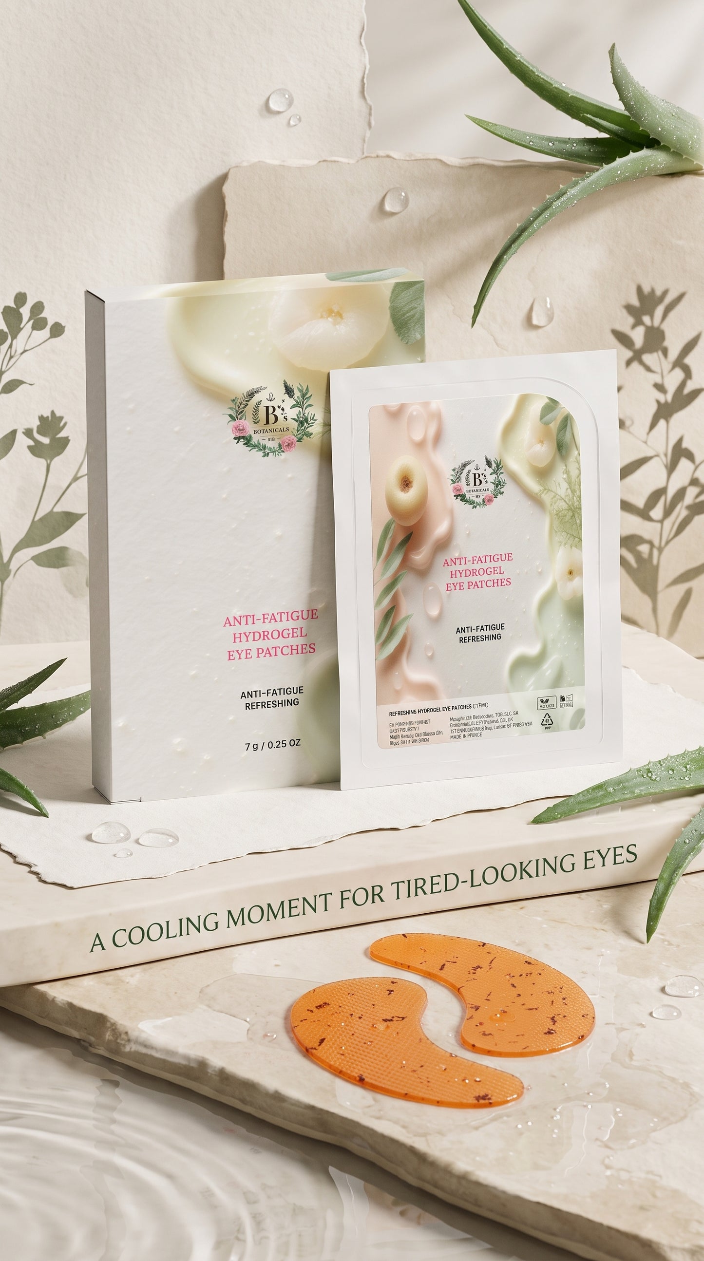 B’s Botanicals Anti-Fatigue Hydrogel Eye Patches shown as a 15-minute refreshing under-eye skincare ritual.