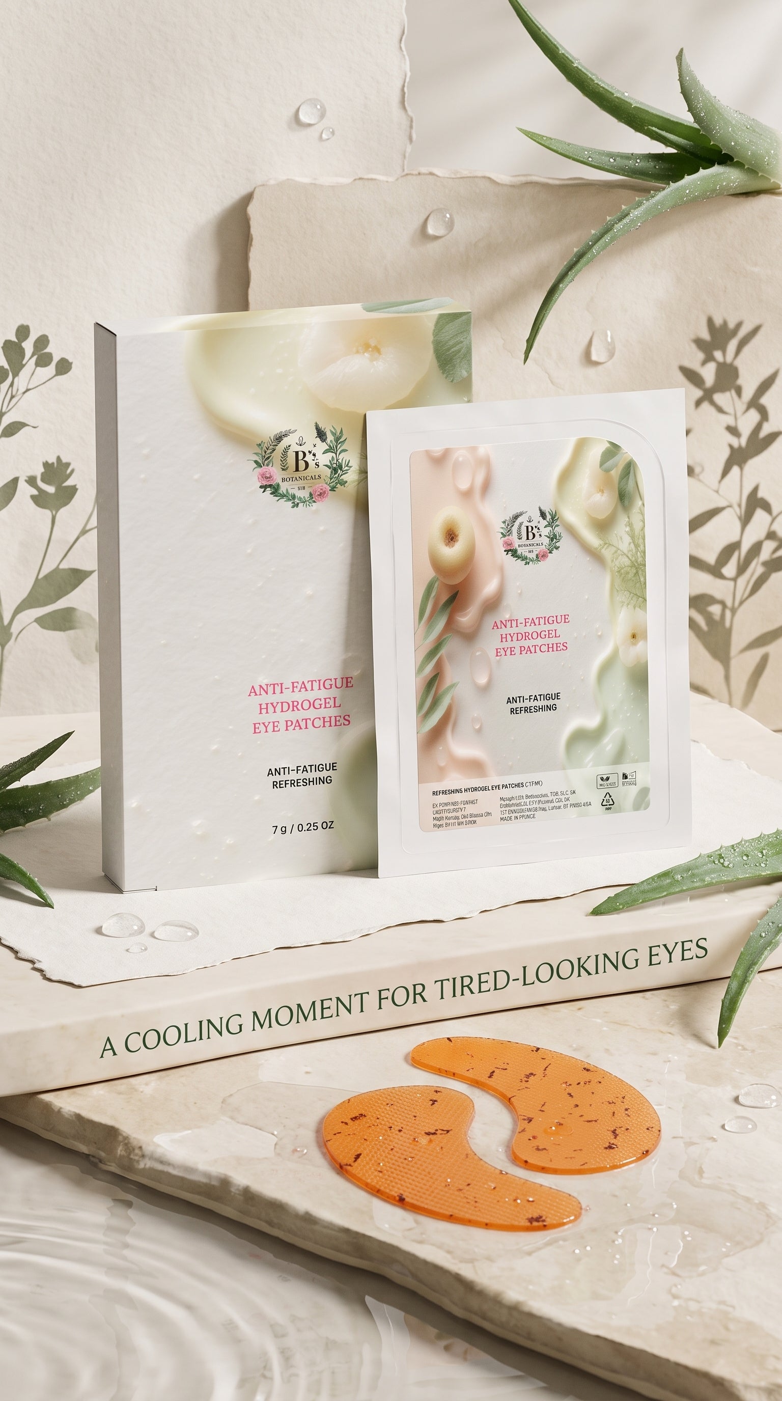 B’s Botanicals Anti-Fatigue Hydrogel Eye Patches shown as a 15-minute refreshing under-eye skincare ritual.