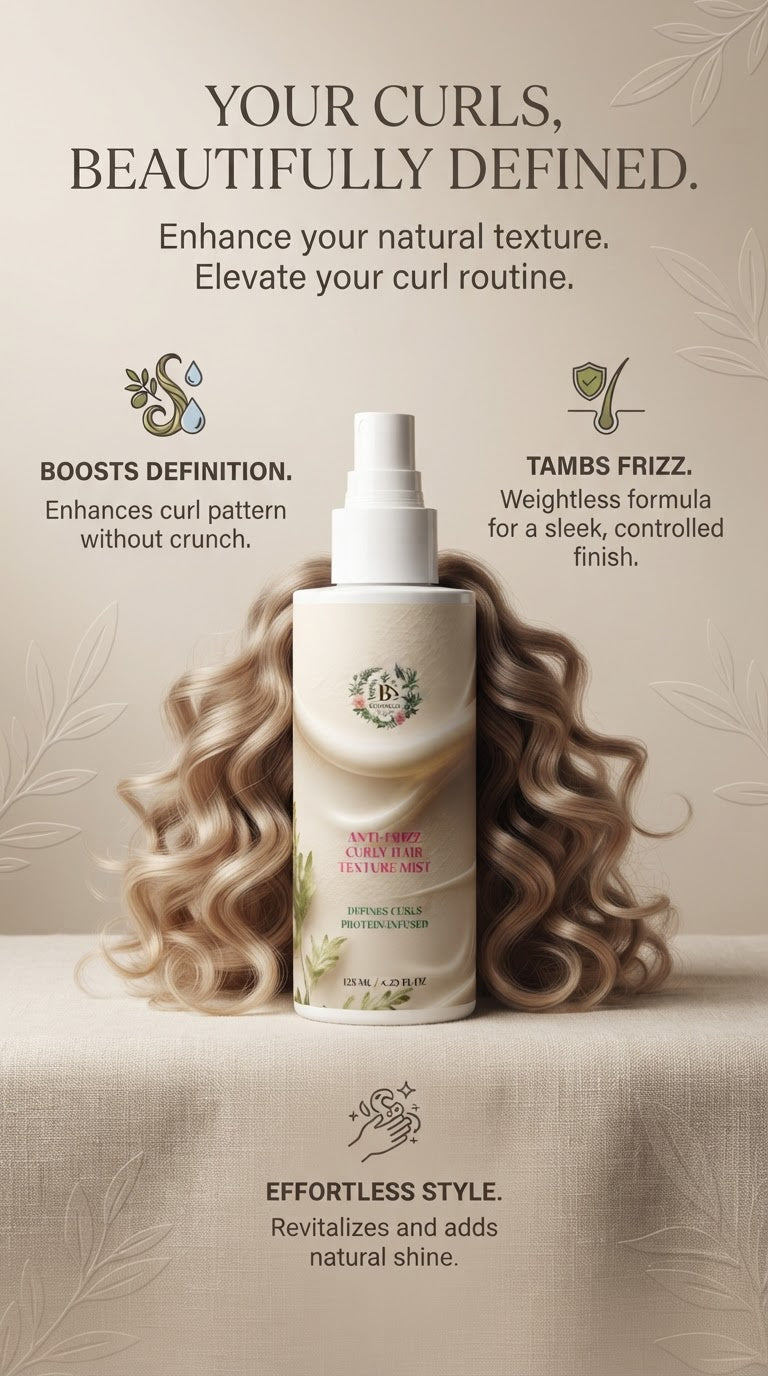B’s Botanicals Anti-Frizz Curly Hair Texture Mist for enhancing natural curls and helping manage frizz