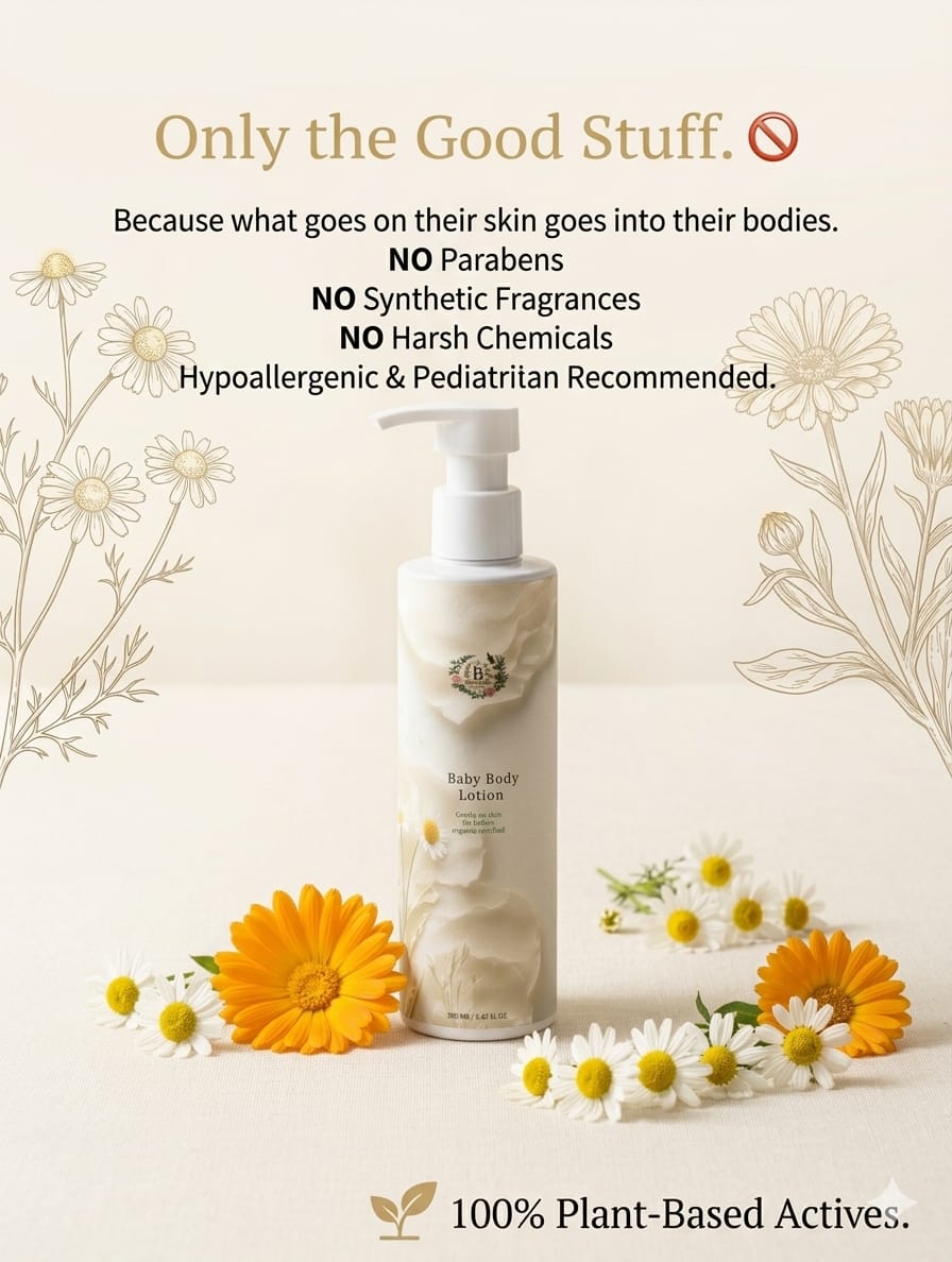 Baby body lotion bottle with floral elements and text about product ingredients on a light background