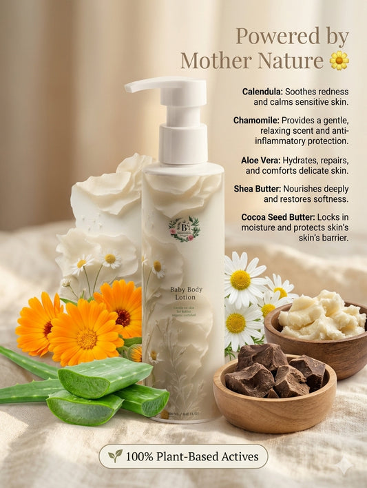 Baby body lotion with natural ingredients and flowers on a soft background