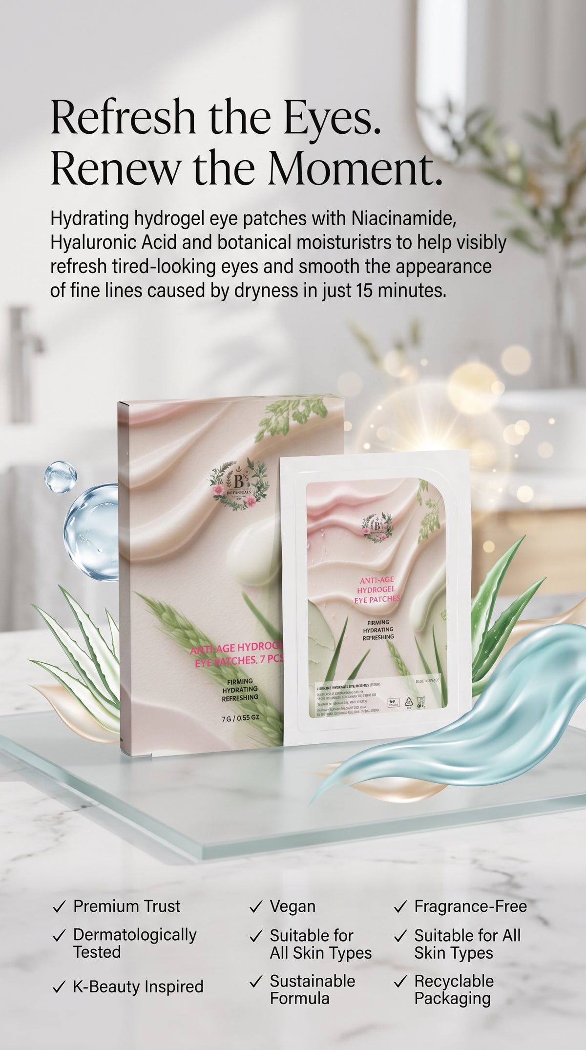 Luxury Anti-Age Hydrogel Eye Patches formulated with hyaluronic acid, niacinamide and aloe vera to hydrate, smooth and refresh tired-looking under-eye skin in just 15 minutes.