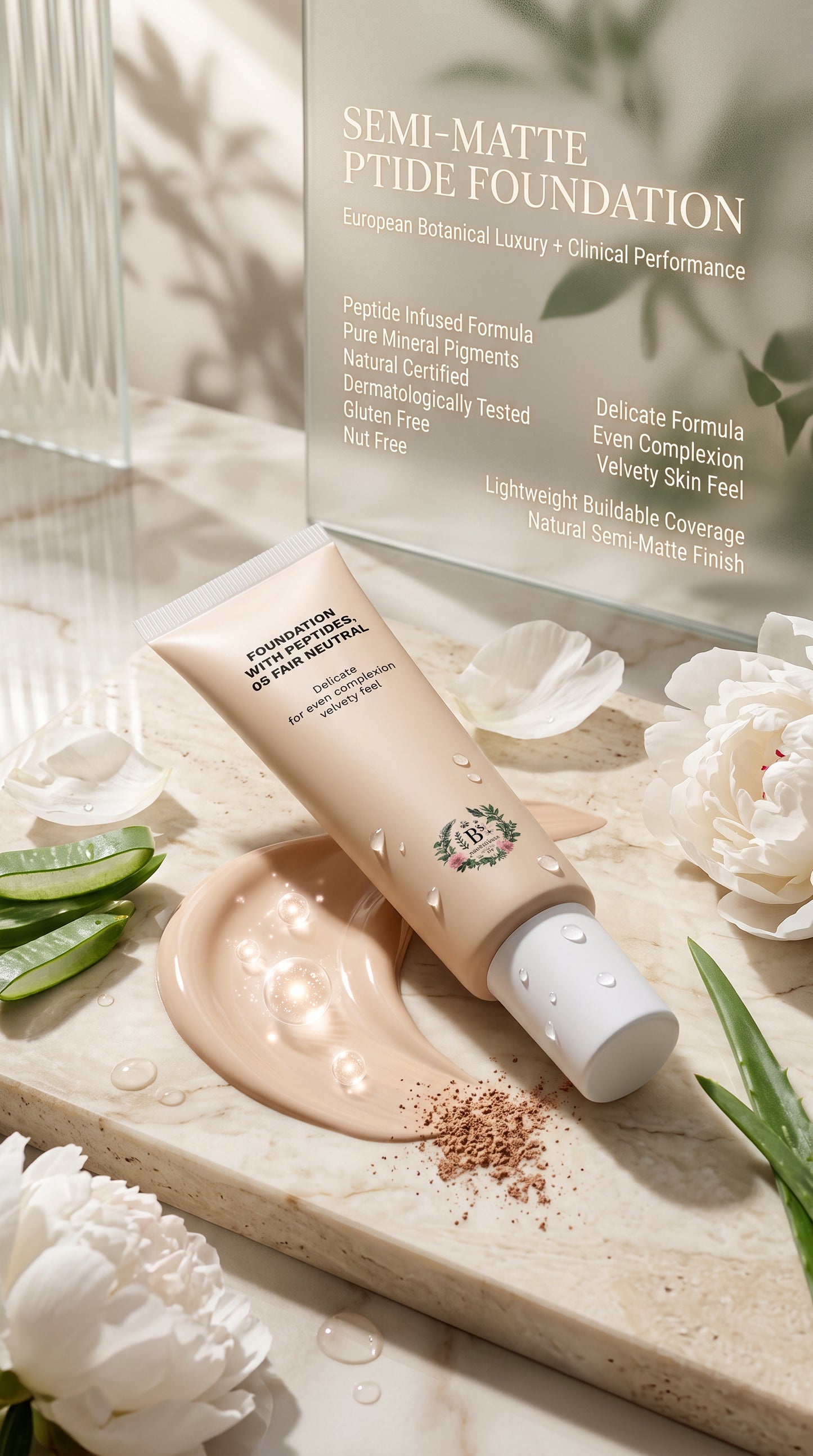 B's Botanicals Semi-Matte Peptide Foundation displayed in a luxury beauty campaign highlighting a velvety semi-matte finish and lightweight coverage.