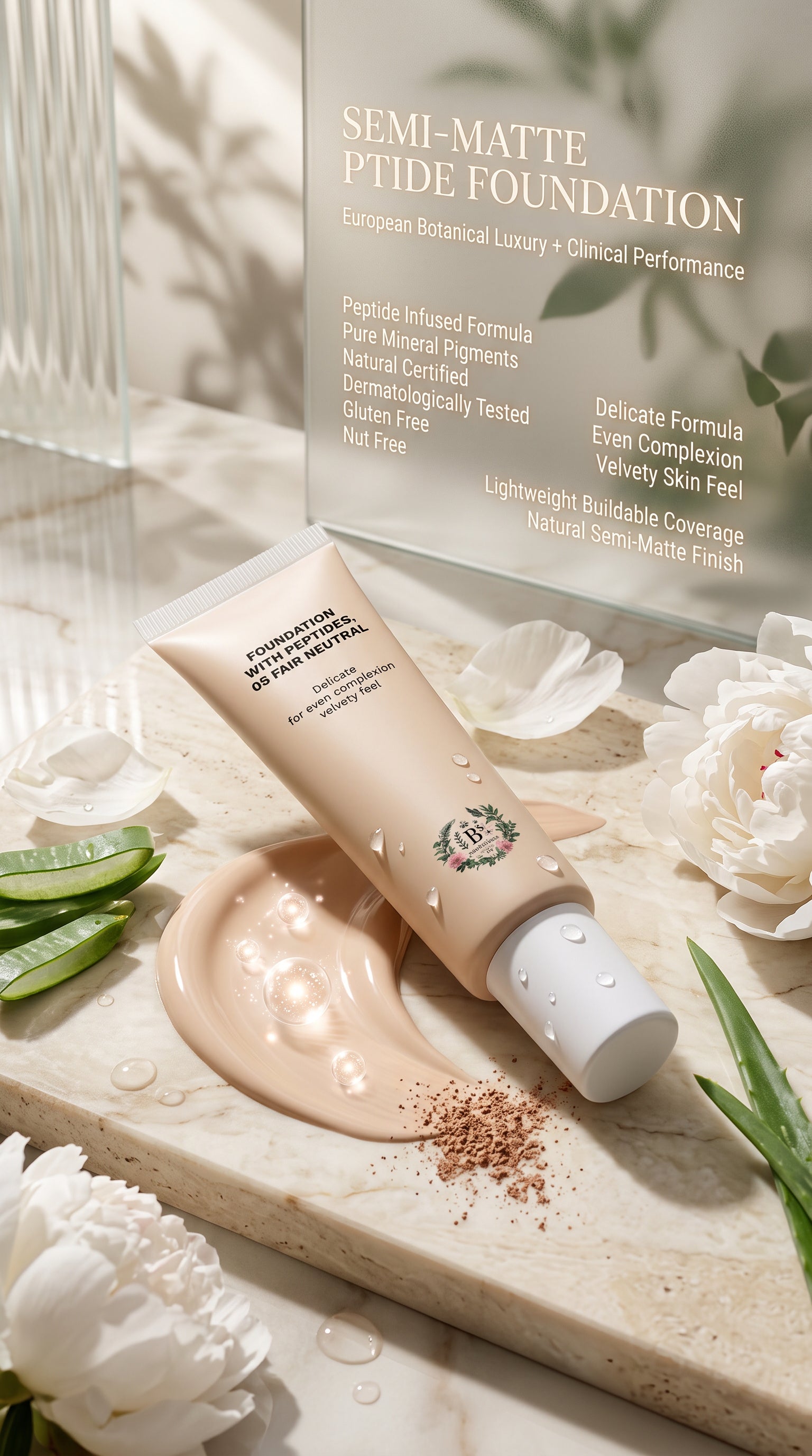 B's Botanicals Semi-Matte Peptide Foundation displayed in a luxury beauty campaign highlighting a velvety semi-matte finish and lightweight coverage.