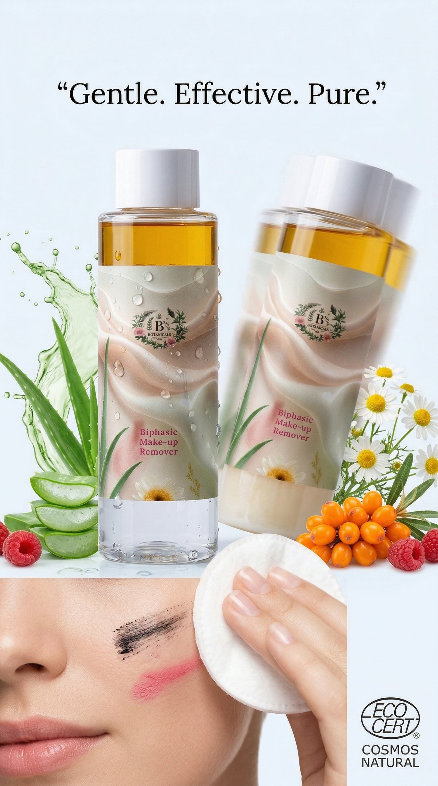 Two skincare bottles with natural elements and a person using a cotton pad on their face.