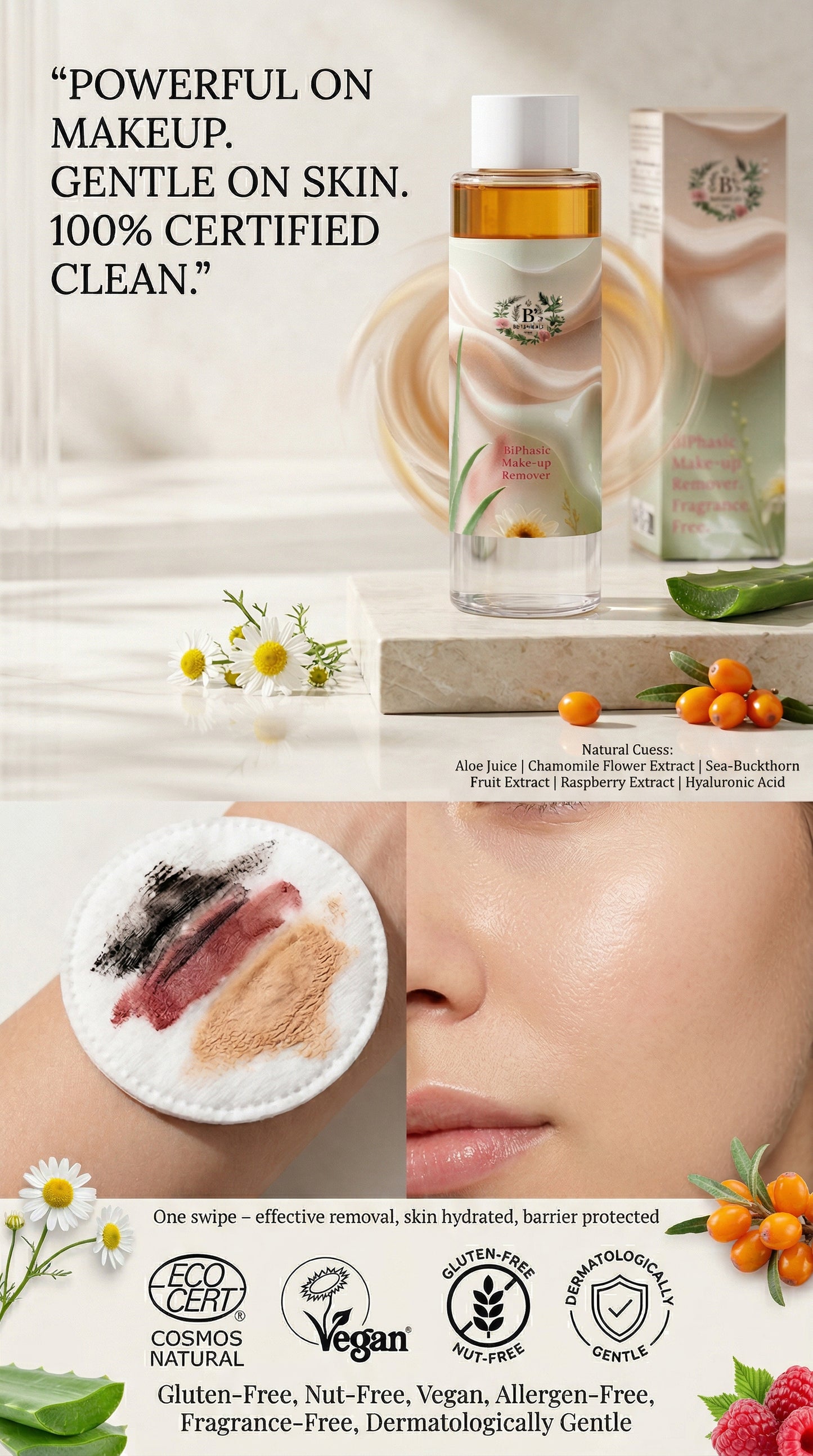Biphasic makeup remover with gentle, effective dual-phase formula, certified ECOCERT COSMOS Natural, vegan, fragrance-free, removes waterproof makeup while hydrating and protecting all skin types
