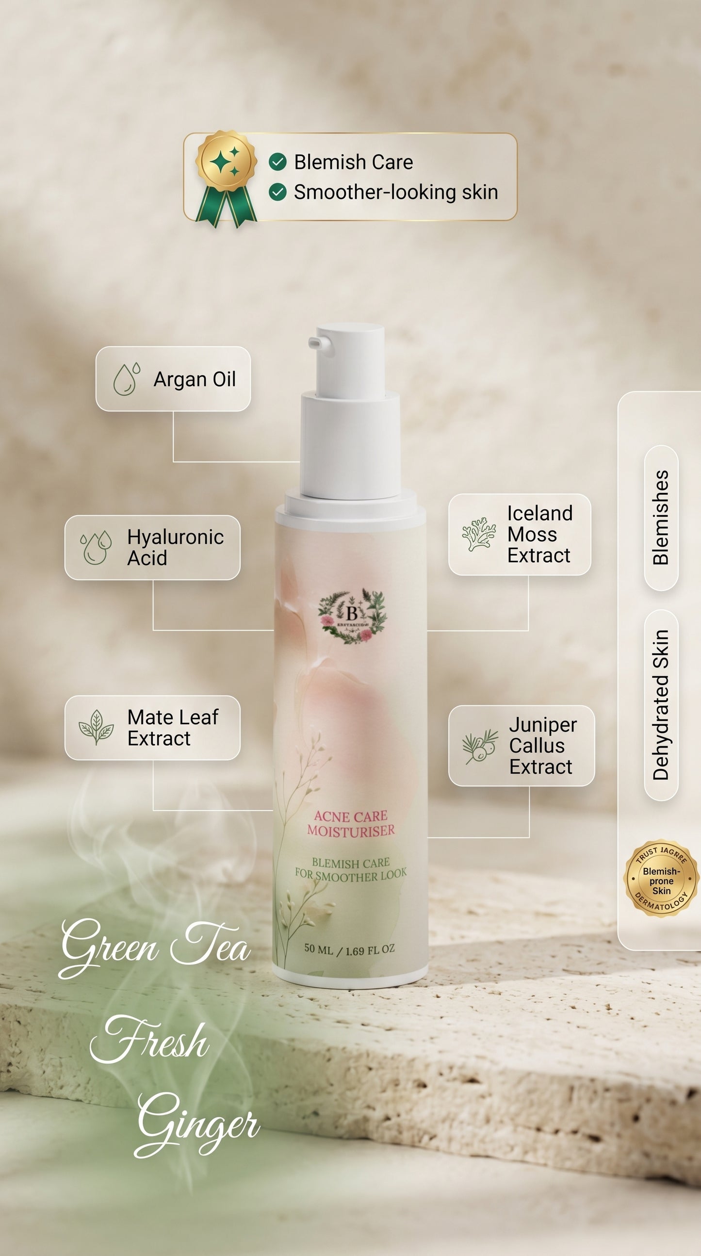 Acne Blemish Care Moisturiser including hyaluronic acid, argan oil, Mate leaf extract and Iceland moss for blemish-prone skin