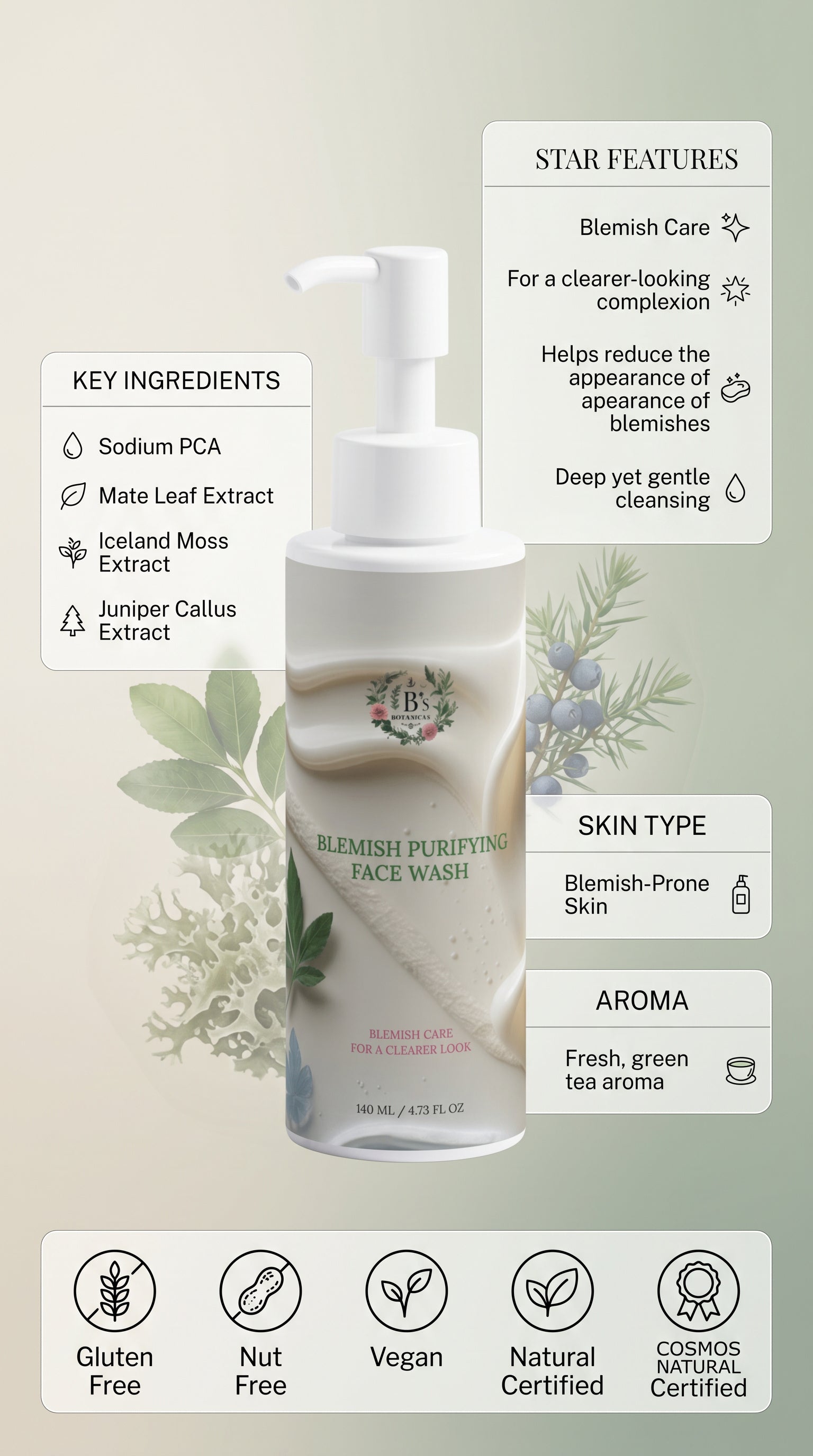 Luxury advertising image of a blemish purifying face wash with Ecocert COSMOS Natural certification, vegan and gluten-free formula, featuring key ingredients like Glycerin, Sodium PCA, Mate Leaf Extract, Iceland Moss Extract, and Juniper Callus Extract, designed for blemish-prone skin with a fresh green tea aroma and focus on clear, balanced, purified skin.