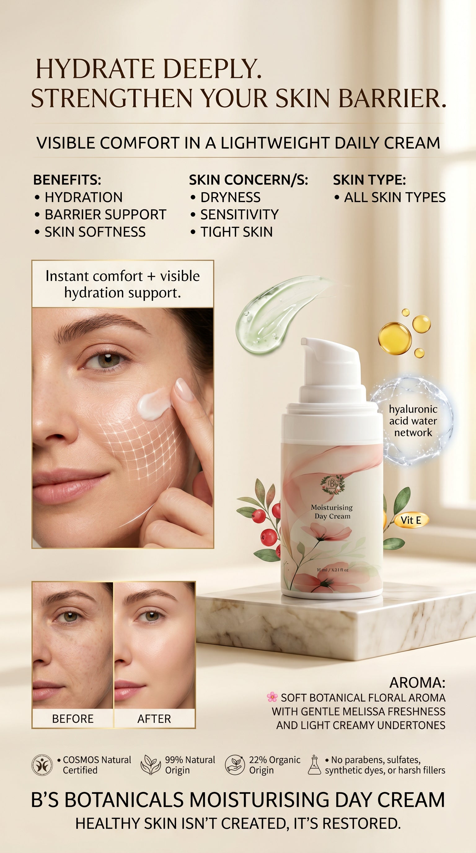 Moisturising day cream for skin barrier support with hydrating botanical ingredients, before and after comparison showing improved skin hydration and smoothness