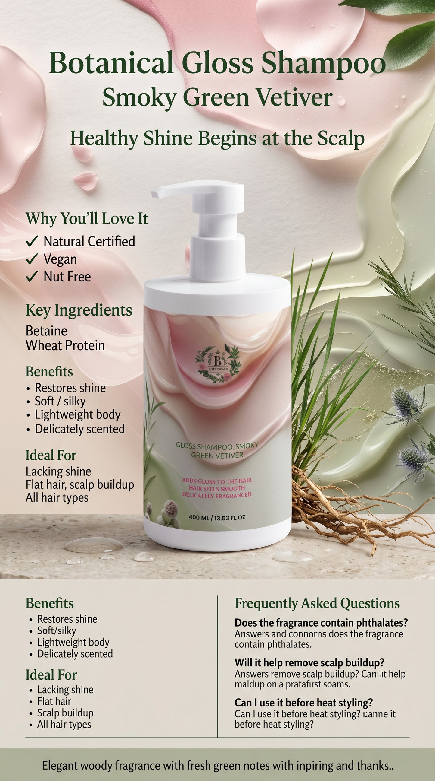 Botanical Gloss Shampoo Smoky Green Vetiver in a luxury botanical setting, natural certified vegan shampoo with aloe vera, betaine and wheat protein for shiny, smooth, healthy-looking hair.