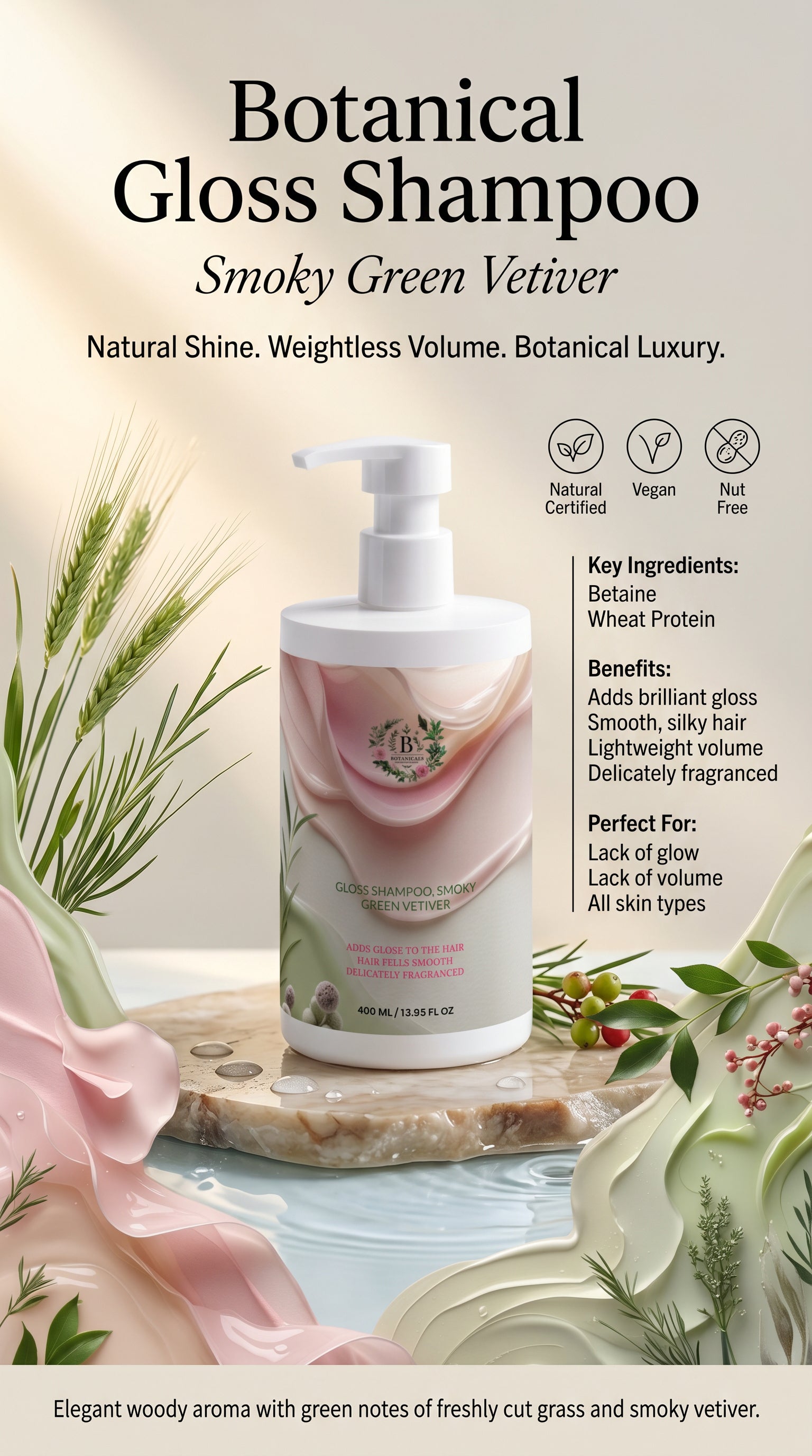 Natural gloss shampoo that leaves hair shiny, smooth and full of healthy-looking volume.