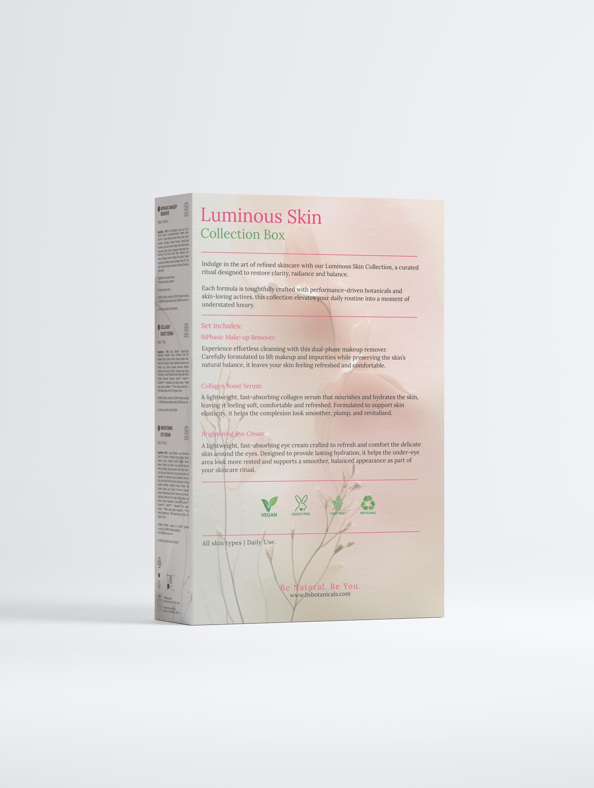 Luxury luminous skincare collection with botanical products designed for radiant, hydrated and healthy-looking skin