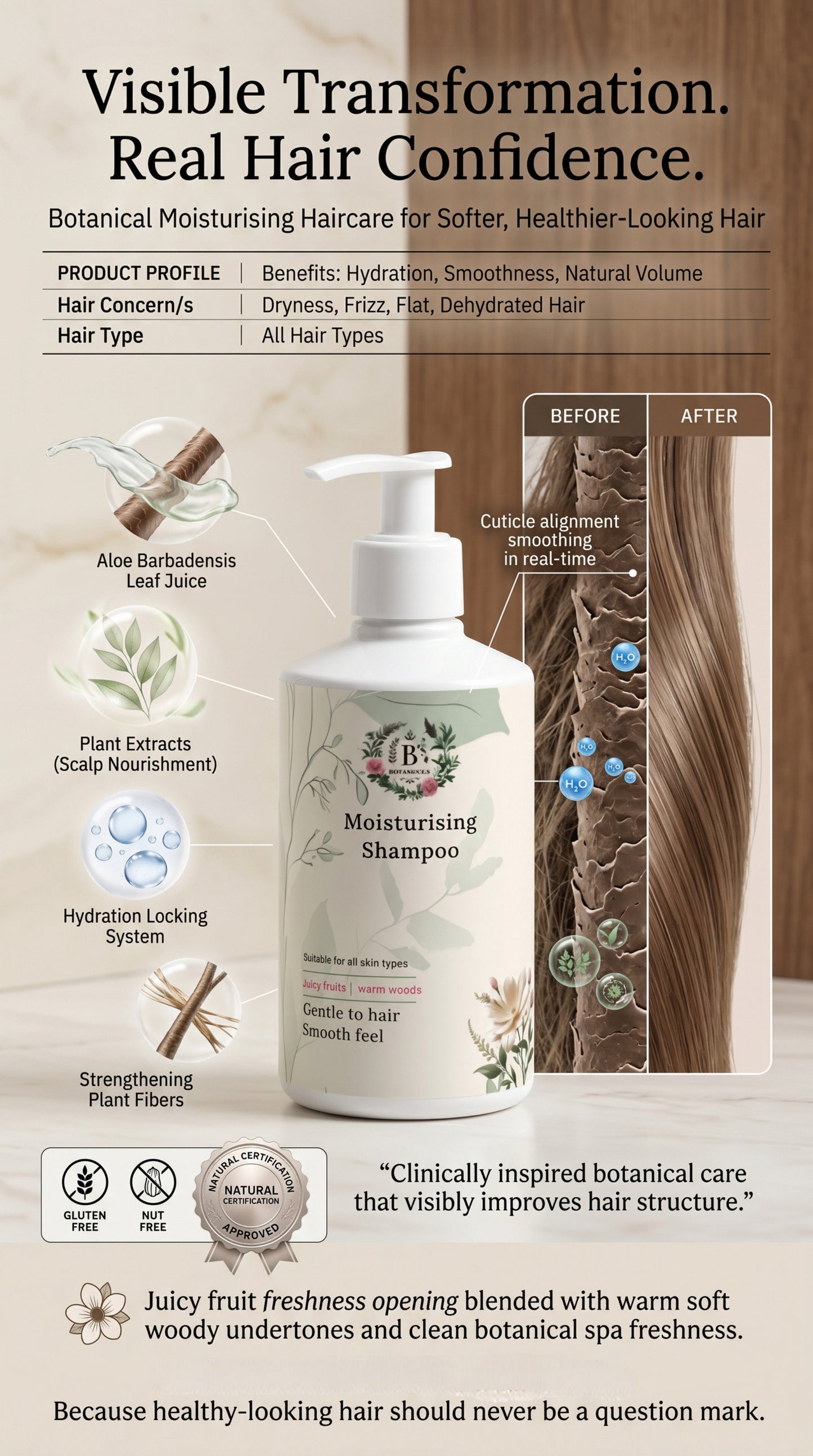 Moisturising shampoo by B’s Botanicals designed to hydrate dry hair, gently cleanse the scalp, and improve softness and shine.