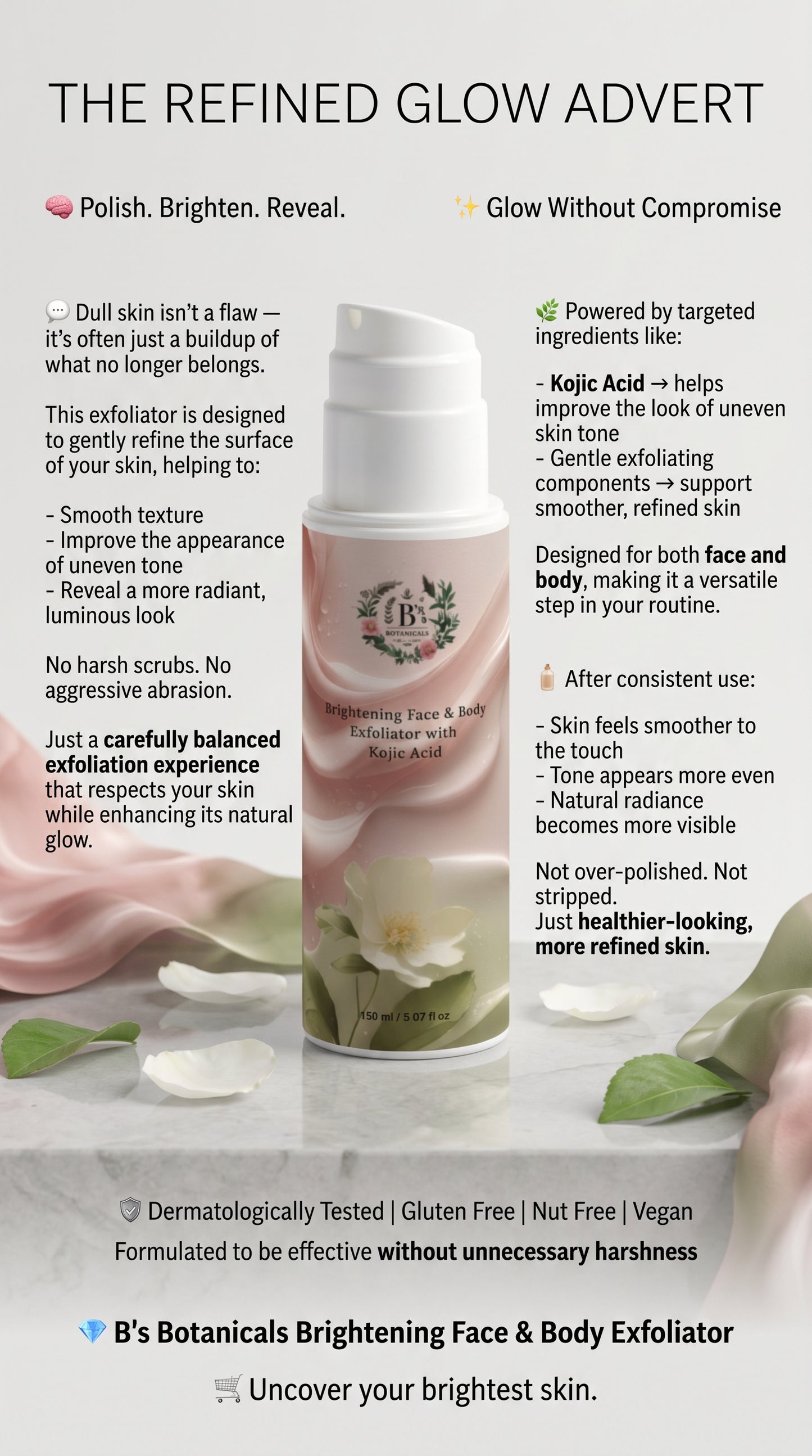 Face and body exfoliator with Vitamin C and Kojic Acid for brighter, smoother, healthier-looking skin