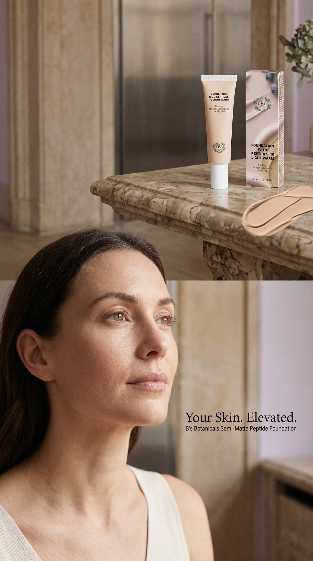 B’s Botanicals Foundation with Peptides in 10 Light Warm shade.