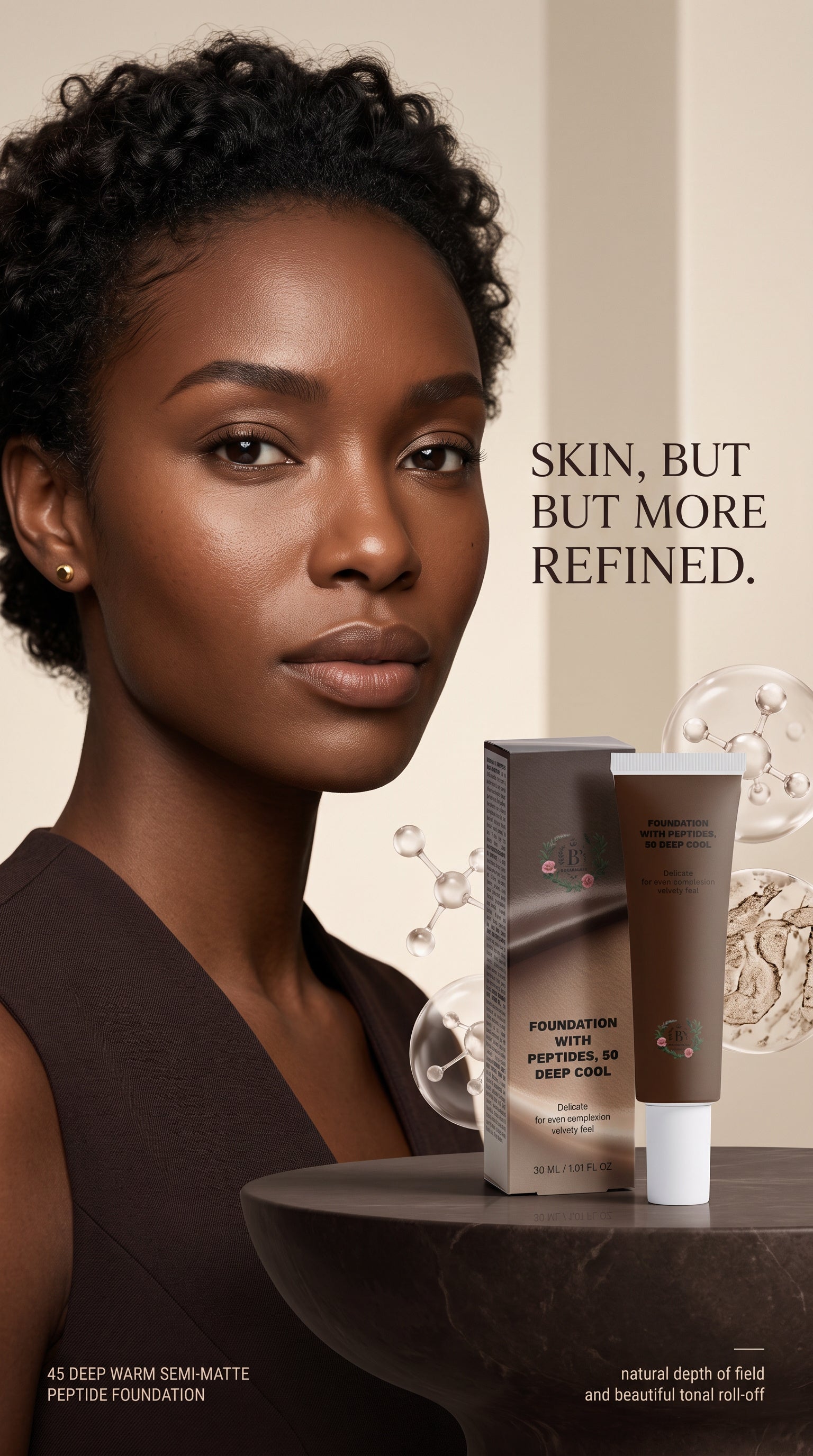 B’s Botanicals 50 Deep cool Semi-Matte Peptide Foundation on deep warm skin with natural, refined complexion finish