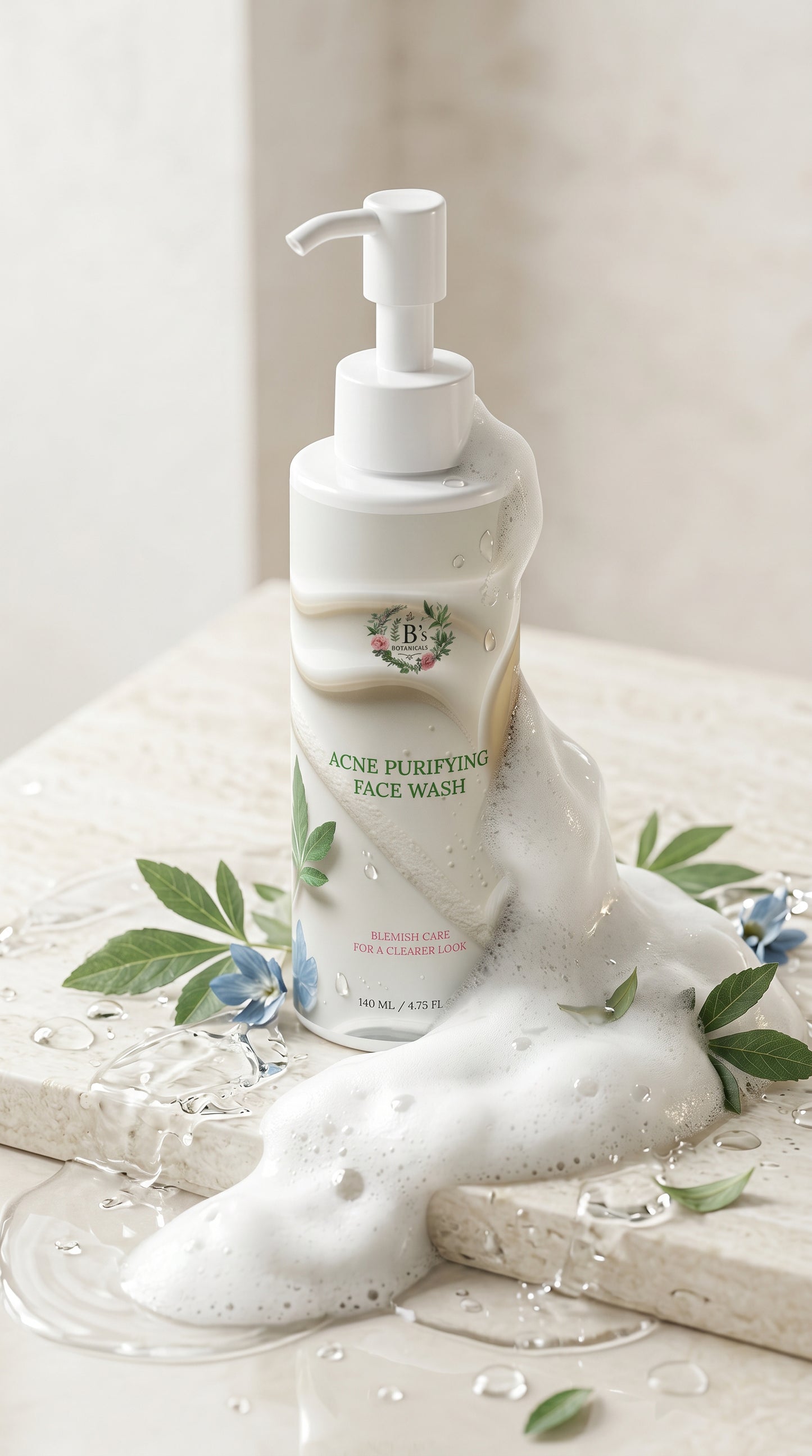 B's Botanicals Acne Purifying Face Wash with rich botanical cleansing foam, natural ingredients and luxury skincare styling for acne-prone and oily skin.