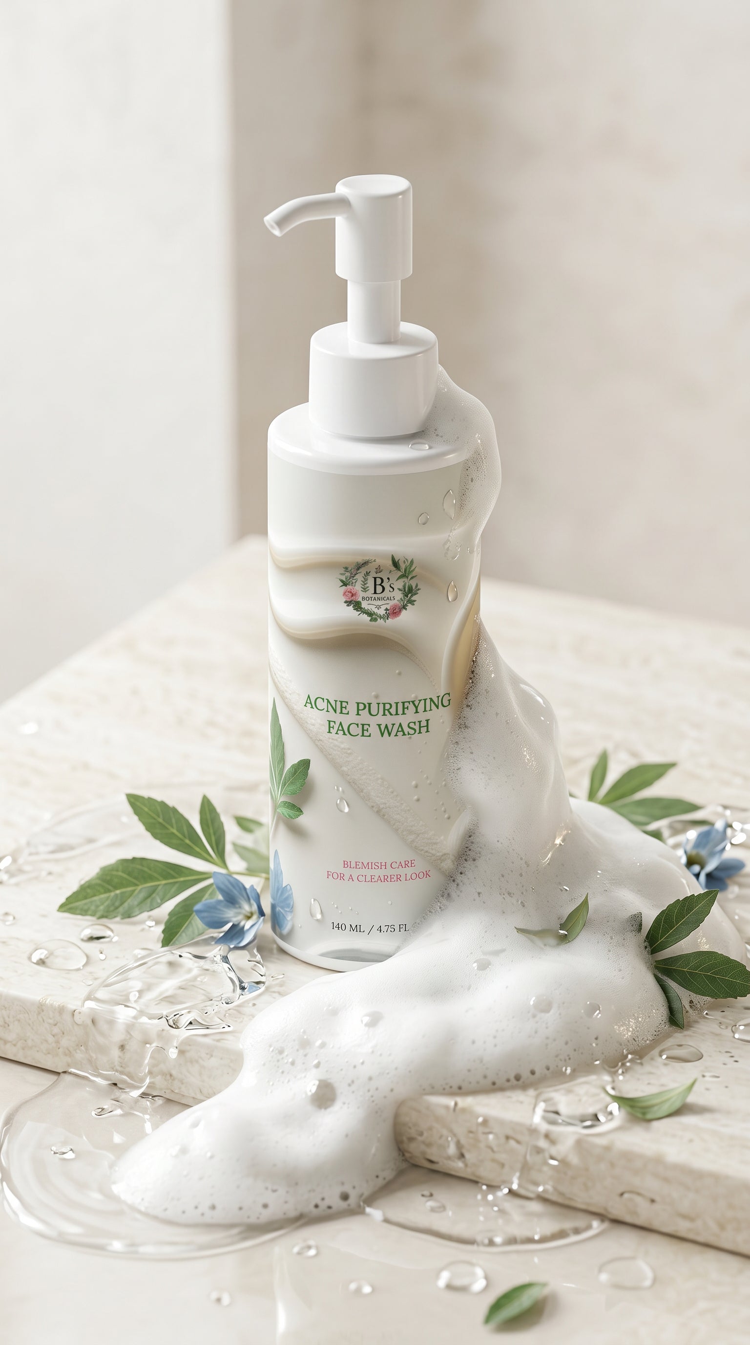 B's Botanicals Acne Purifying Face Wash with rich botanical cleansing foam, natural ingredients and luxury skincare styling for acne-prone and oily skin.