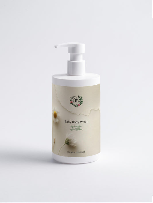 Baby body wash bottle with pump on a light gray background
