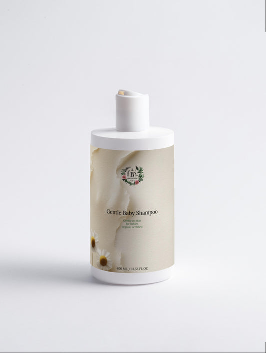 Bottle of gentle baby shampoo on a white background