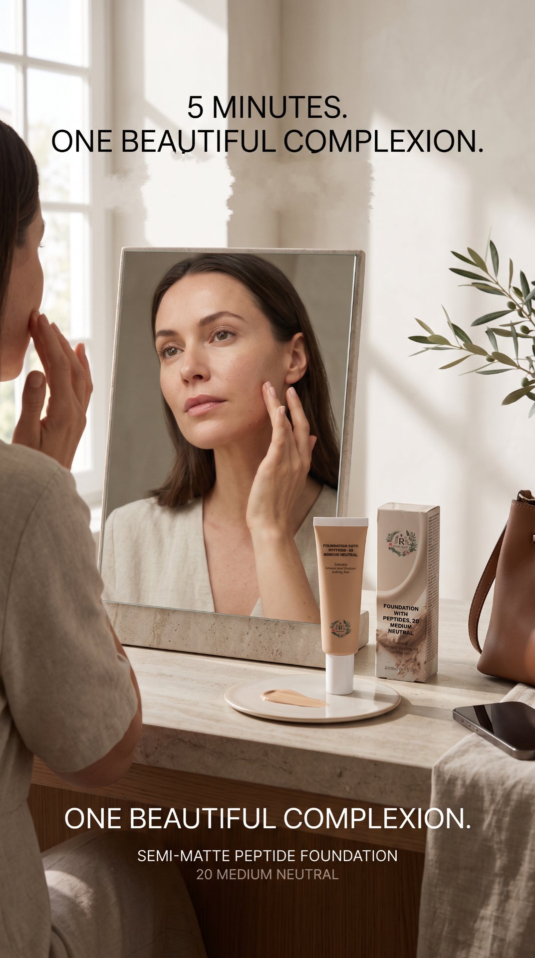Woman applying B’s Botanicals 20 Medium Neutral peptide foundation for a natural-looking, even complexion with a soft semi-matte finish.