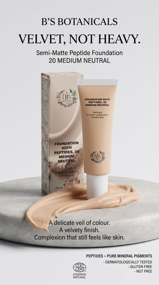 B’s Botanicals Peptide Foundation in 20 Medium Neutral, a skincare-inspired semi-matte foundation with peptides and pure mineral pigments for an even, velvety complexion.