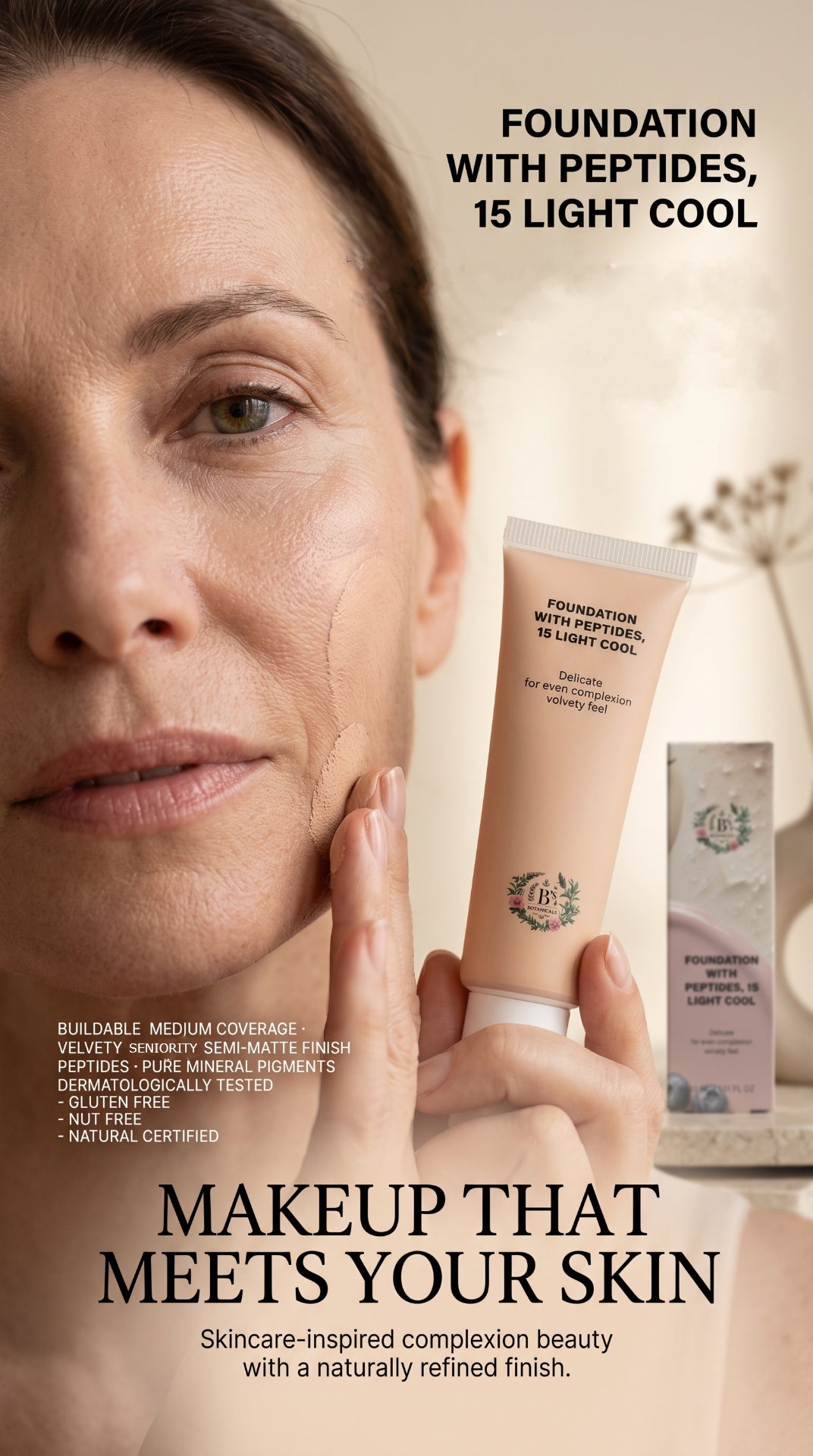 B's Botanicals Foundation with Peptides in 15 Light Cool with pure mineral pigments and a velvety semi-matte finish for a naturally even-looking complexion.