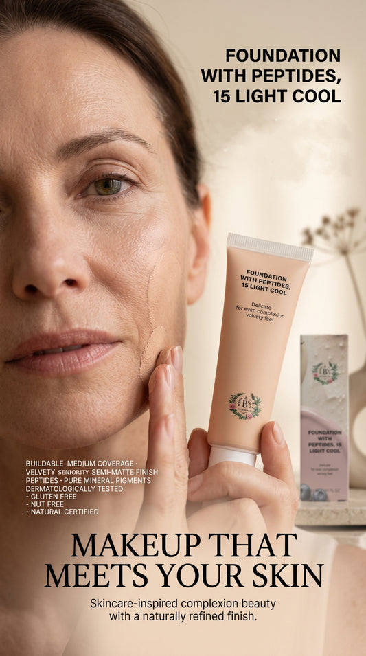 B's Botanicals Foundation with Peptides in 15 Light Cool with pure mineral pigments and a velvety semi-matte finish for a naturally even-looking complexion.