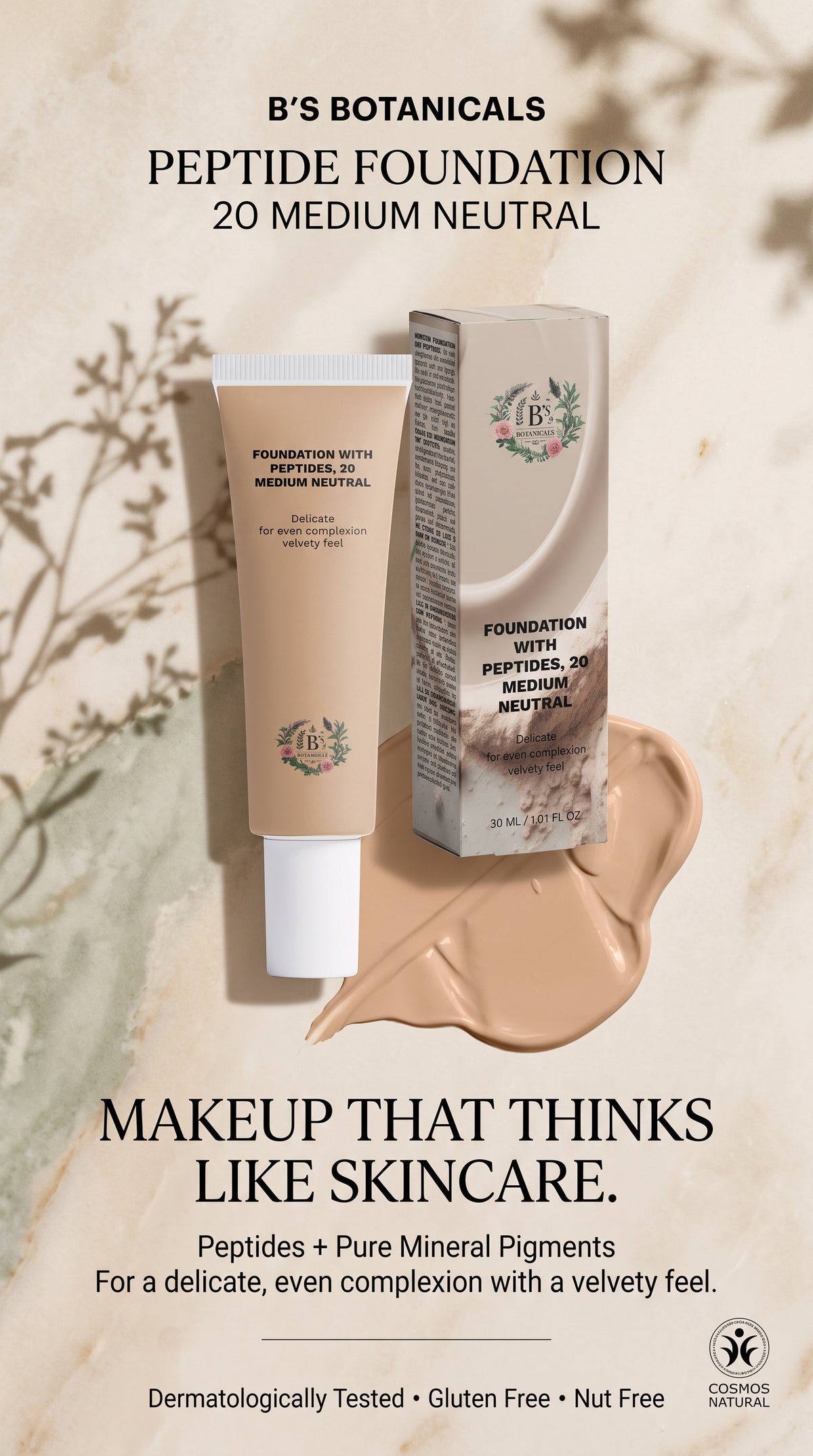B’s Botanicals peptide foundation with peptides and pure mineral pigments, designed for a delicate even complexion and velvety semi-matte finish.