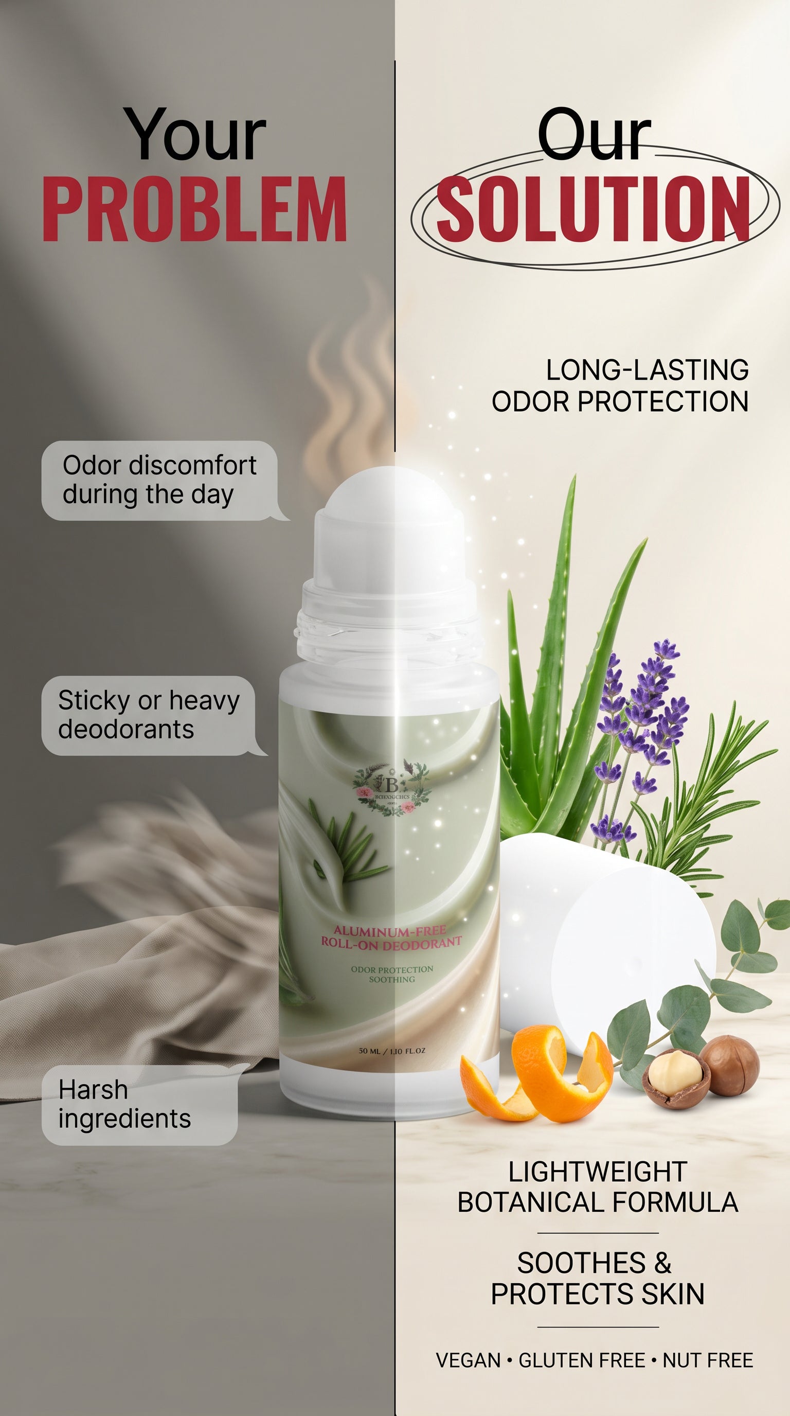 Gluten-free, vegan natural roll-on deodorant with botanical ingredients providing gentle daily odor protection and skin comfort.