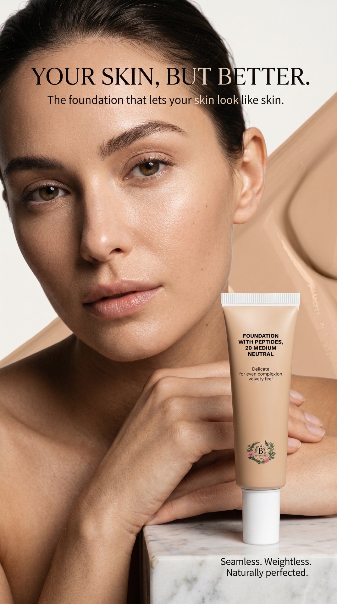 B’s Botanicals 20 Medium Neutral foundation on natural-looking skin with a smooth fresh semi-matte finish