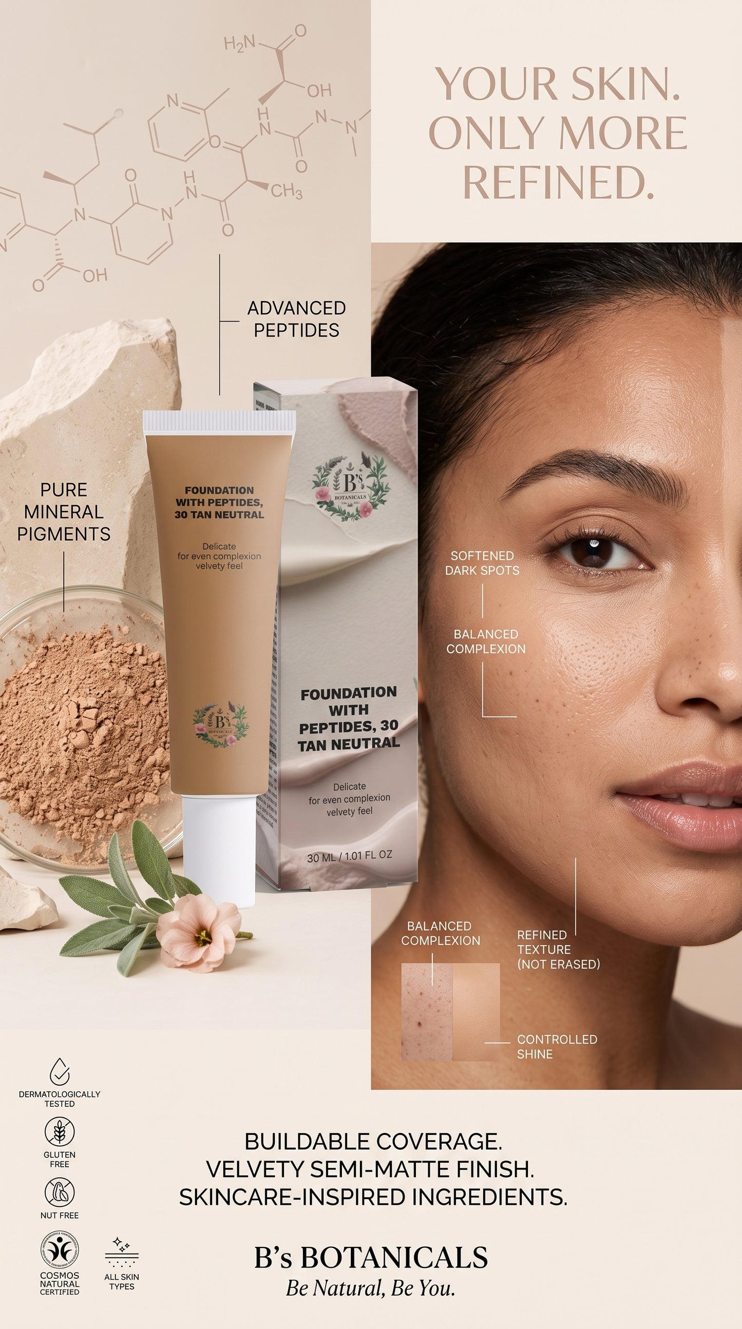 Buildable coverage semi-matte foundation for a smooth, balanced and refined neutral complexion