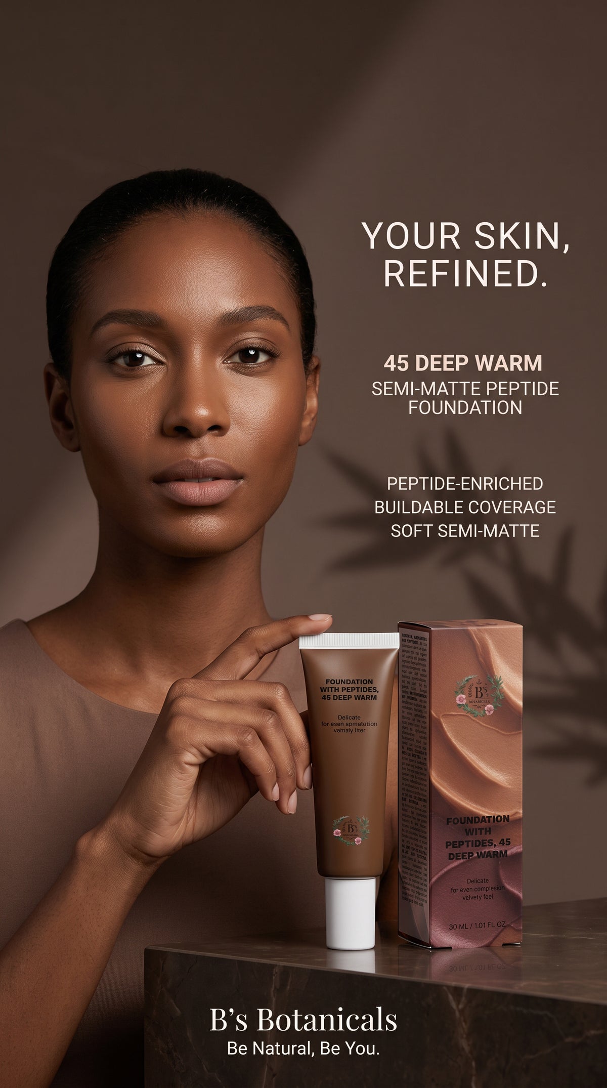 Deep warm foundation with a natural skin-like semi-matte finish.