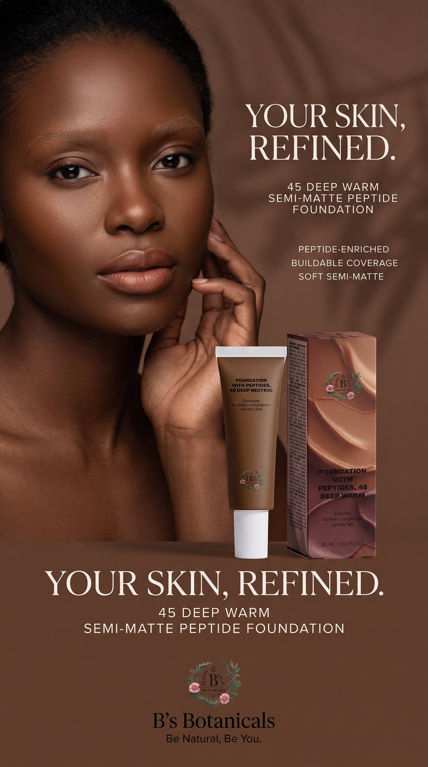 Deep warm foundation with a natural skin-like semi-matte finish.
