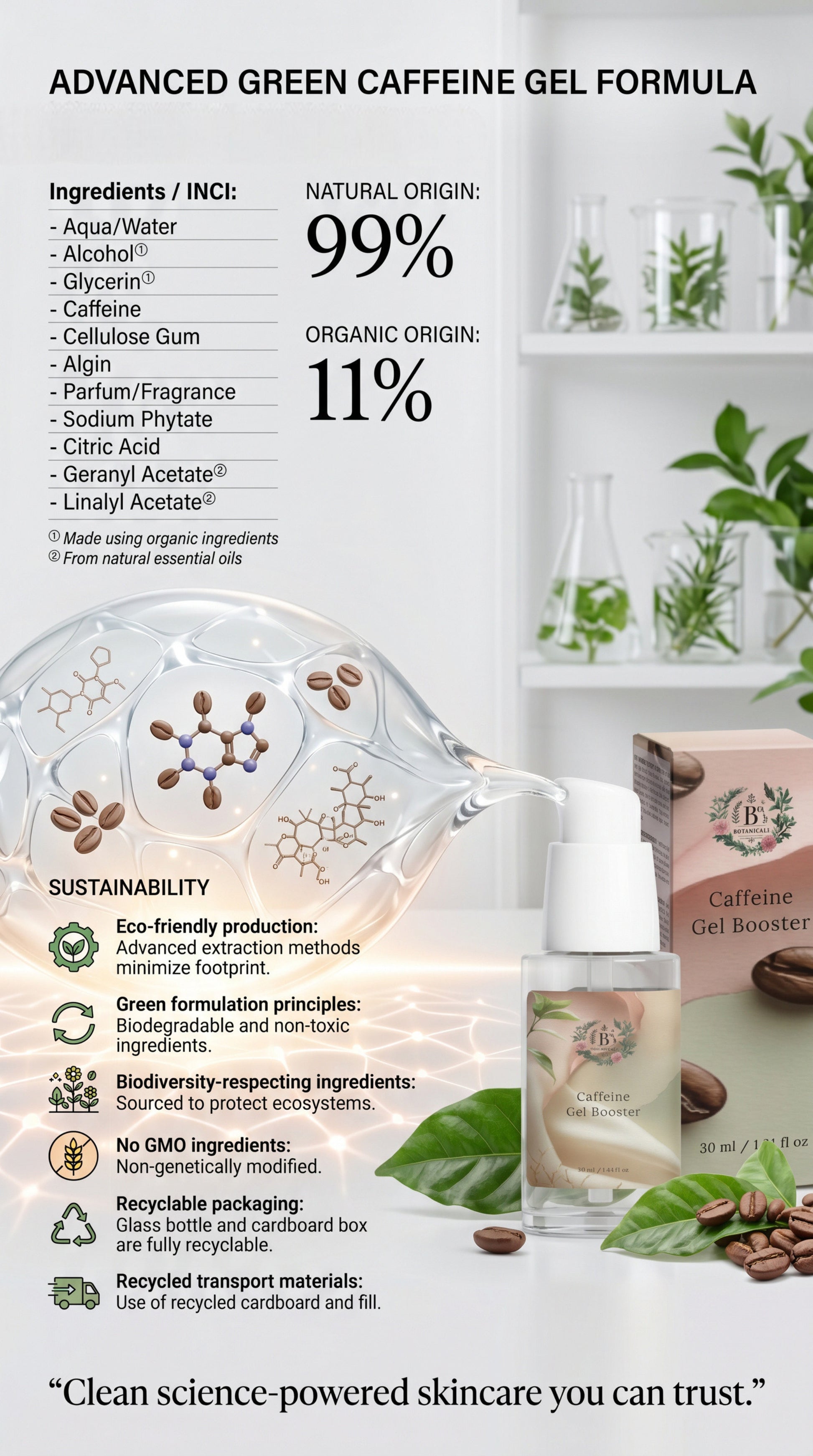 Natural caffeine eye gel for instant skin refresh, helping reduce puffiness, eye bags, and fatigue appearance in all skin types