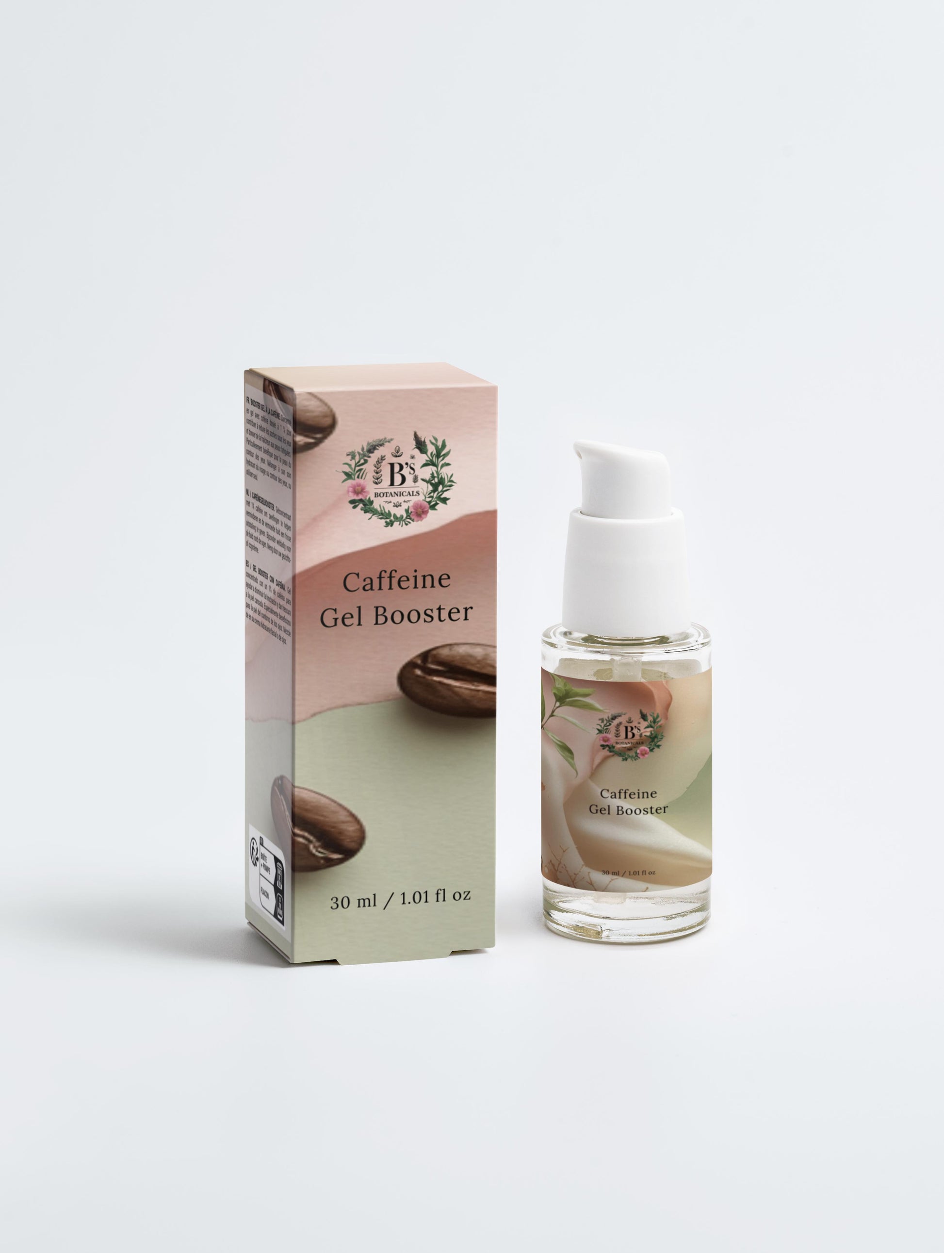 Caffeine gel booster by B’s Botanicals helping reduce puffiness, refresh tired-looking skin, and hydrate with a lightweight cooling gel texture.