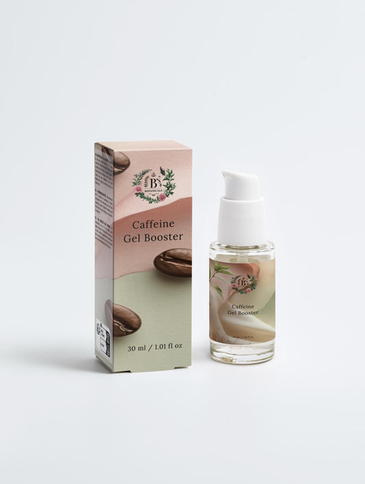 Caffeine gel booster by B’s Botanicals helping reduce puffiness, refresh tired-looking skin, and hydrate with a lightweight cooling gel texture.