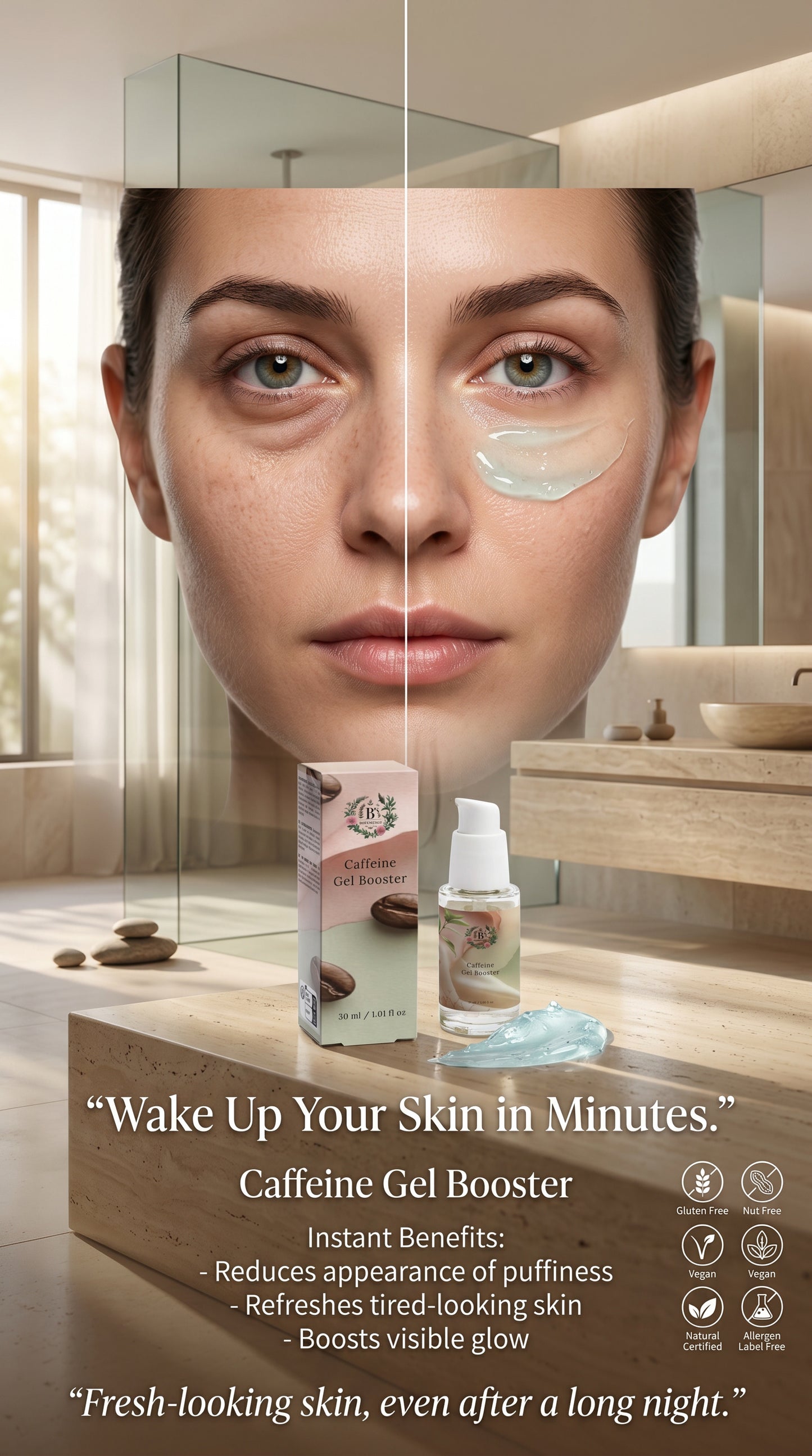 Caffeine Gel Booster hydrating skincare serum for tired and puffy skin, lightweight face gel designed to brighten dull complexion, reduce puffiness, and promote glowing healthy skin.
