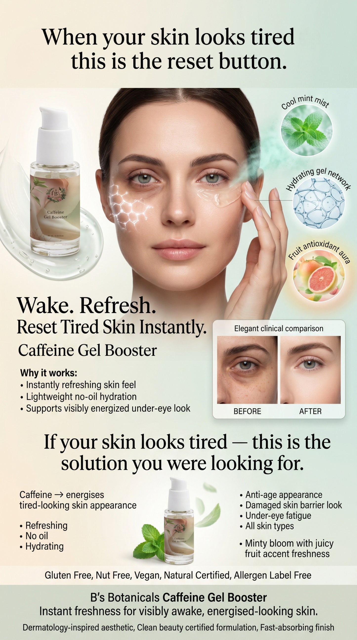 Caffeine gel booster for reducing under-eye puffiness, dark circles, and visible signs of tired-looking skin with lightweight hydration