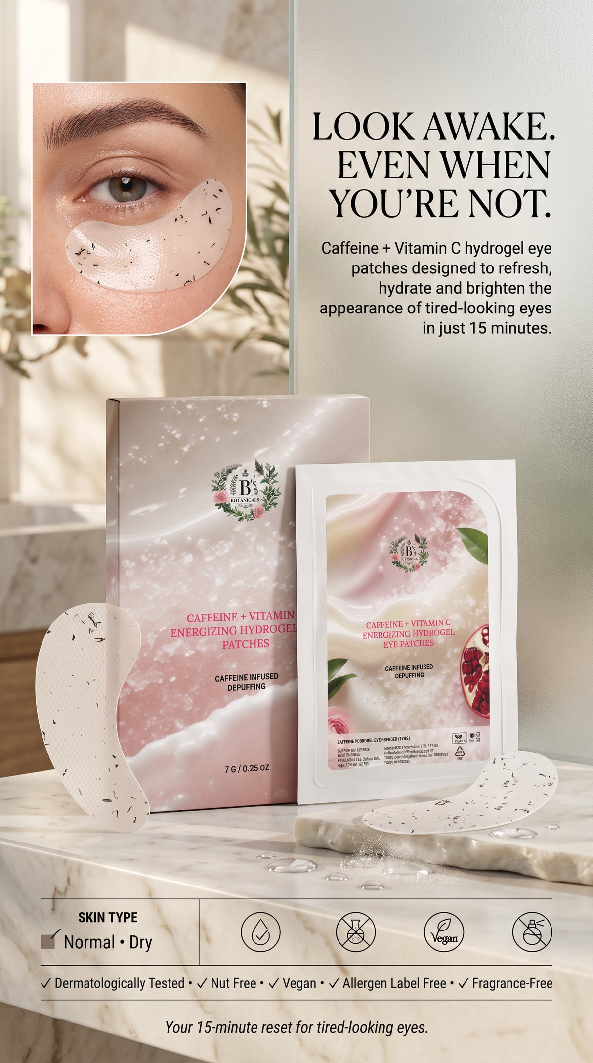 Luxury Caffeine and Vitamin C hydrogel eye patches in a premium skincare routine